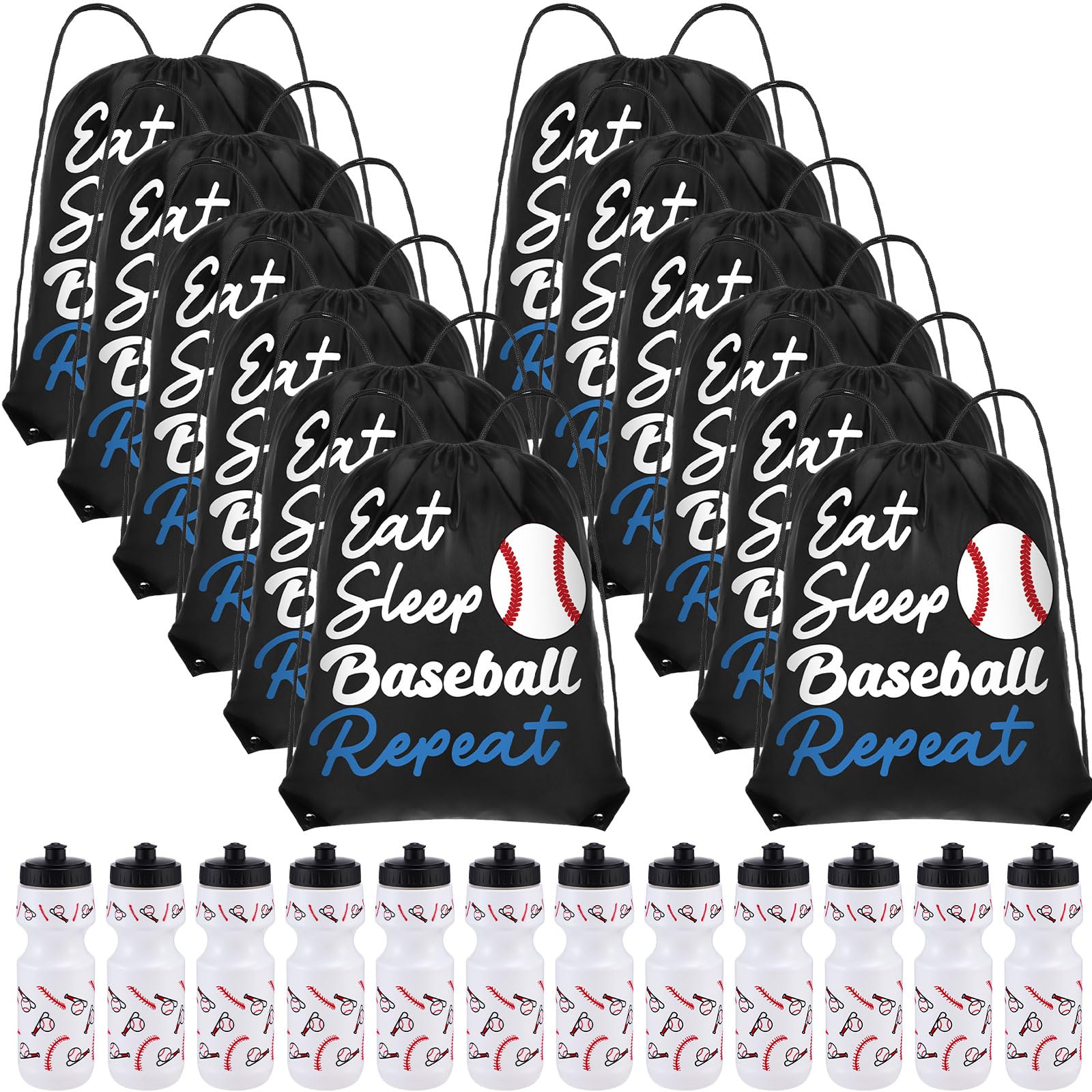 Reallnaive Party Favors Gifts, 24 oz Water Bottles Reusable Sport Squeeze Drinking Cup, Eat Sleep Drawstring Bag Sport Pack Cinch Sack for School Team