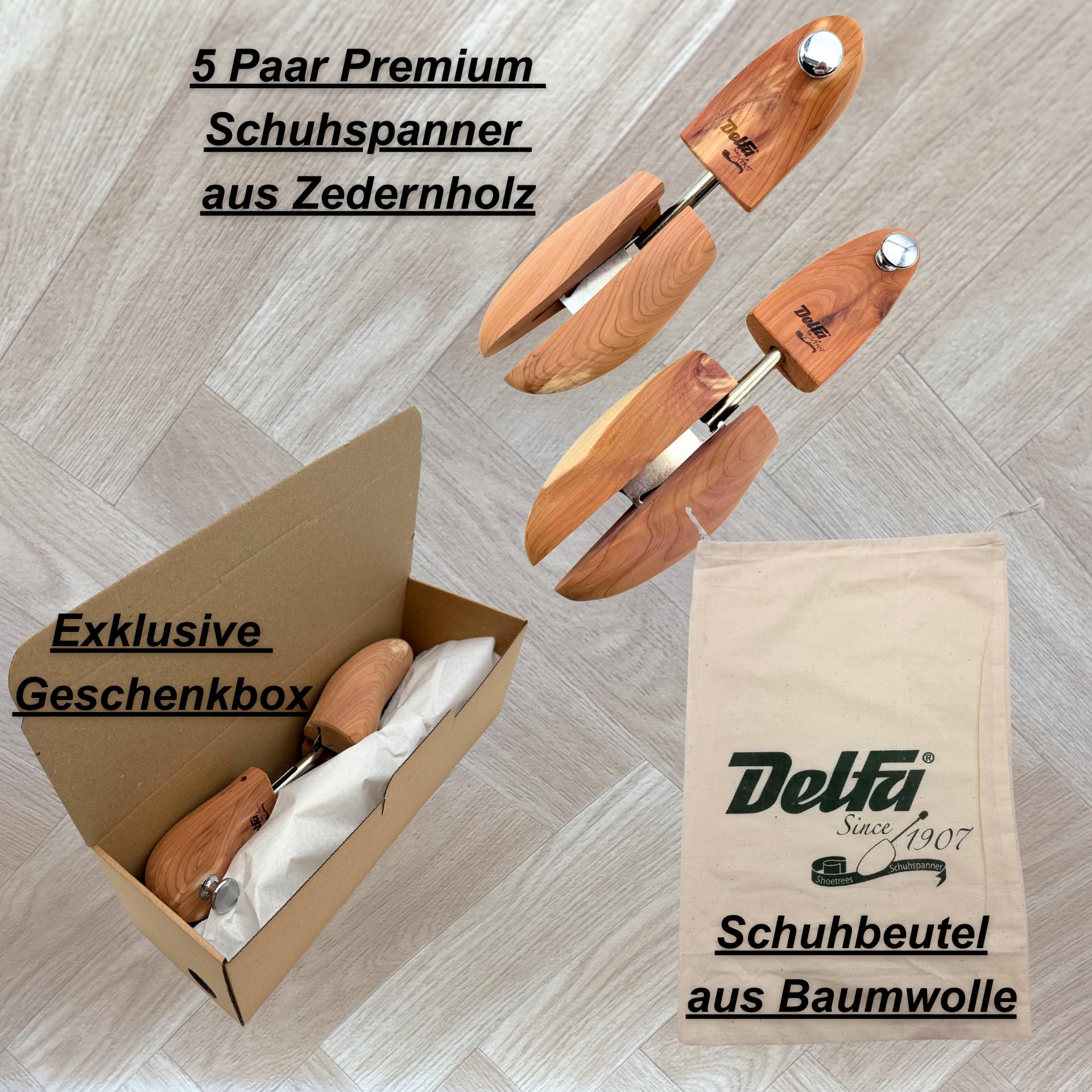 DELFA Cedar Premium Schuhspanner Gr.40/41 bis 46/48 | 5 Paar, mit exklusivem Schuhbeutel, naturbelassenes Holz aus der Red Cedar