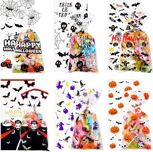 Miniatura 4 de 180 bolsas de celofán de Halloween, bolsa de plástico transparente para dulces con lazos dorados para fiestas de Halloween