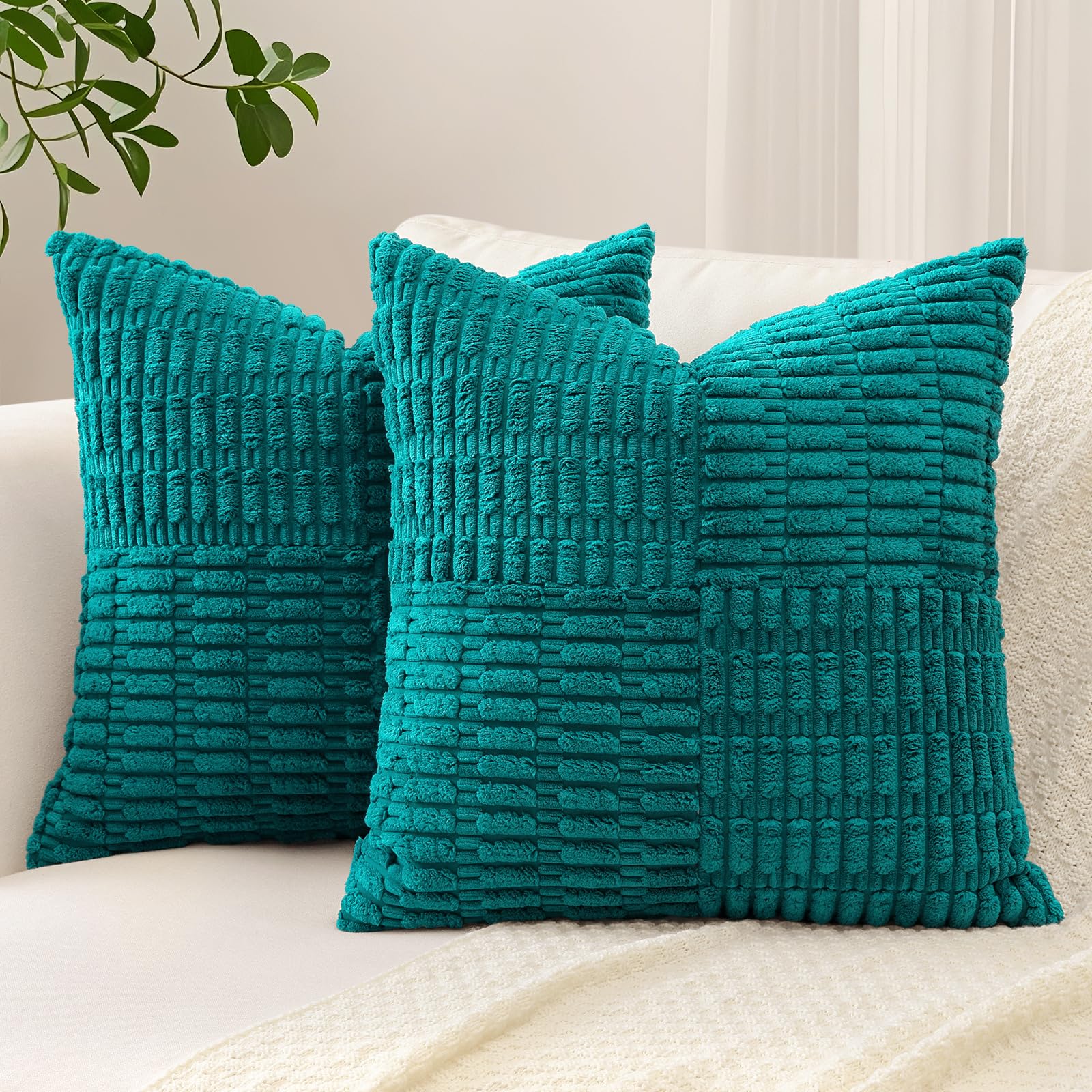 Sungeek Set of 2 Decorative Cushion Covers 45 x 45cm Soft Corduroy Striped Cross Patchwork Textured Pillow Cases Boho Farmhouse Square Throw Pillow Covers for Sofa Bed Patio 18x18 Inch, Teal — image 1