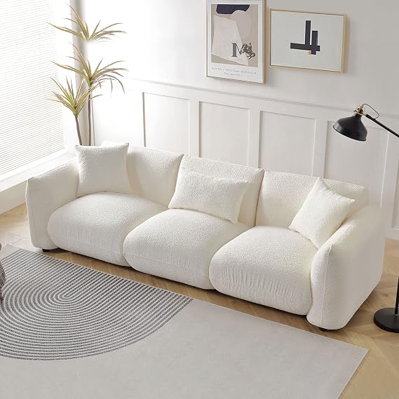WILLIAMSPACE 102.36 Sectional Sofa Couch for Living Room, Modern Back Upholstered Cloud Boucle Couch with 3 Throw Pillows, 4 Seat Teddy Deep Seat Boucle Sofa for Apartment, Office (Beige)