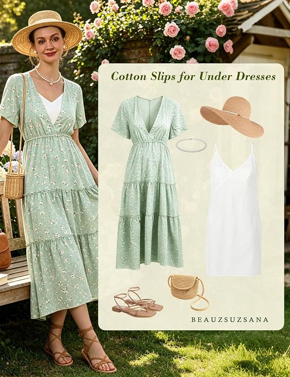 Women's Cotton Full Slip with Breast Area Shape for Under Dresses Adjustable Spaghetti Strap V Neck