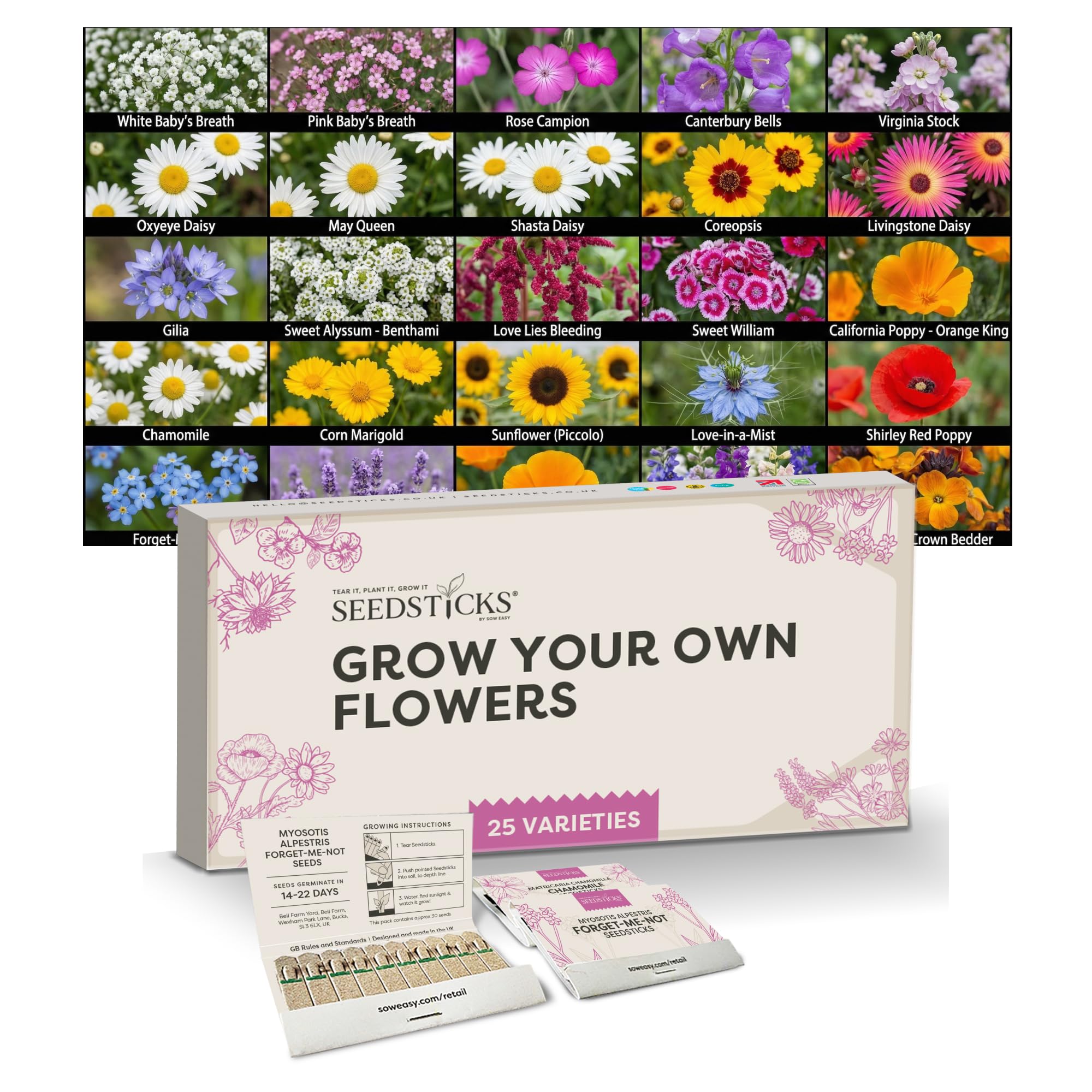 Seedsticks Grow Your Own Flowers - 25 Variety Flower Seed Collection - Wildflower & Cottage Garden Flower Seeds - Easy to Grow Seedsticks Garden Gift