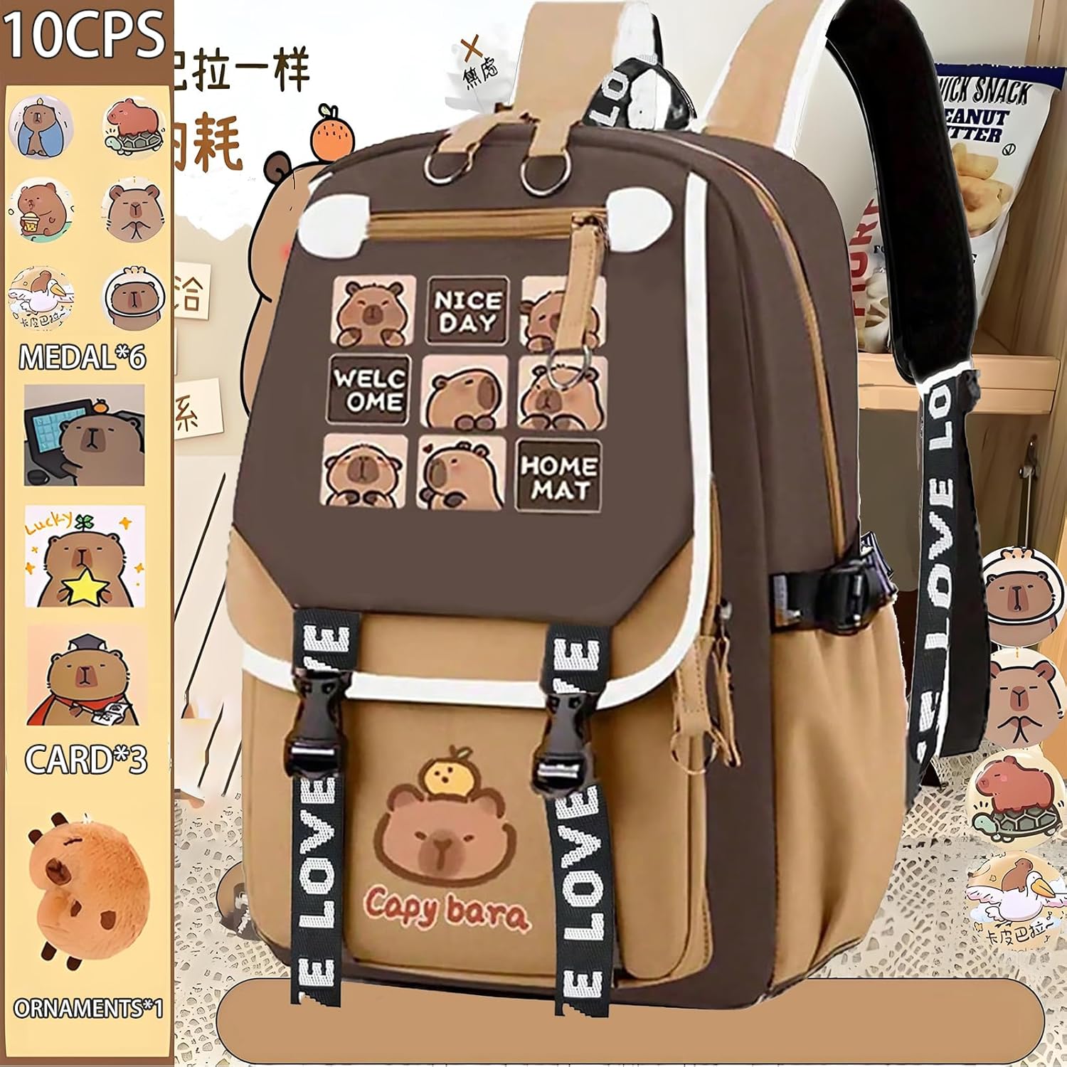 18.1" Capybara Backpack with 10-Piece Gift Set - Waterproof Multifunctional Adjustable Shoulder Strap Bookbag - Capibara Bags for Travel & Work (Includes Exclusive Medal, Card & Ornament) - Image 2