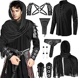 Conjunto de fantasia masculina renascentista medieval, camisa de pirata viking, cinto de armadura de ombro, bolsa de espada para cosplay de Halloween, Preto, G