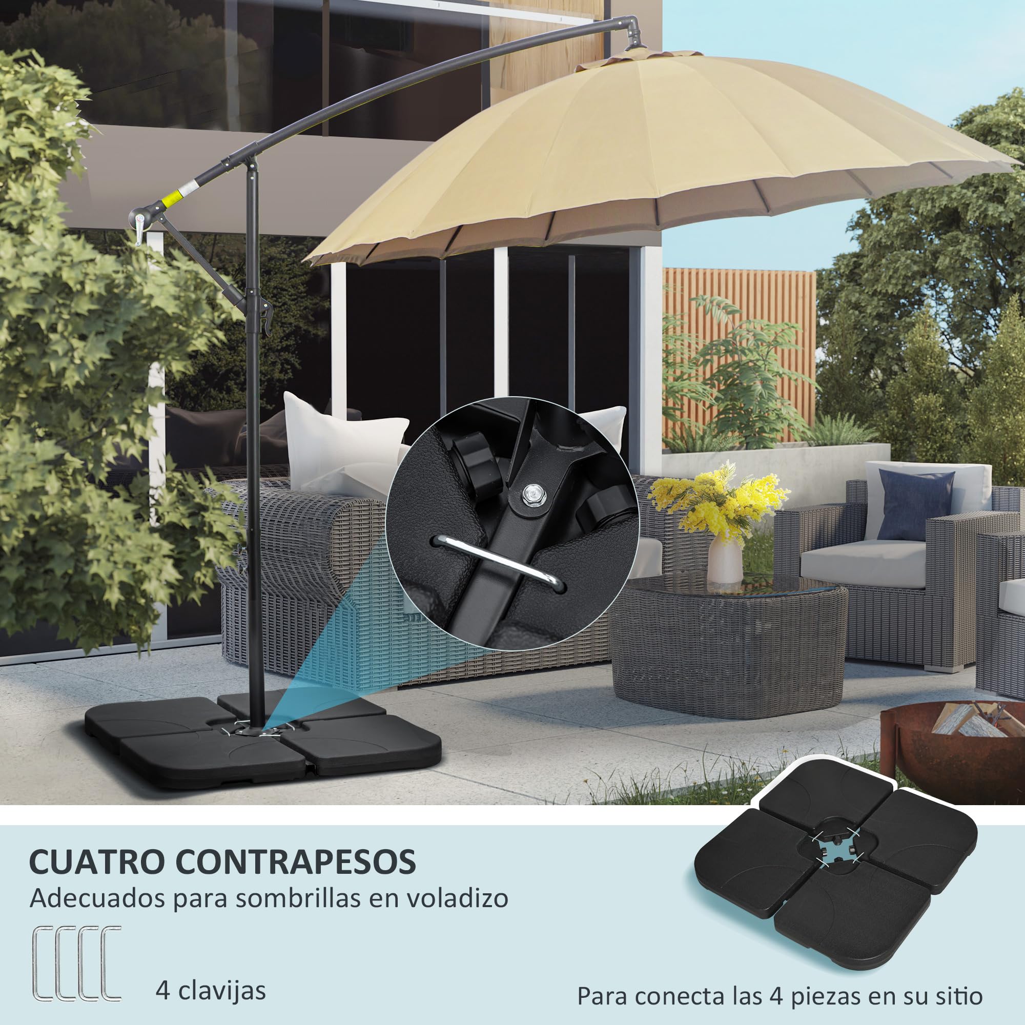 Outsunny Peso para Base de Sombrilla Rellenable para Base Cruzada Negro | 4 Piezas, para Sombrilla Excéntrica Cuadrado, Agua 15 L, Arena 19,5 kg