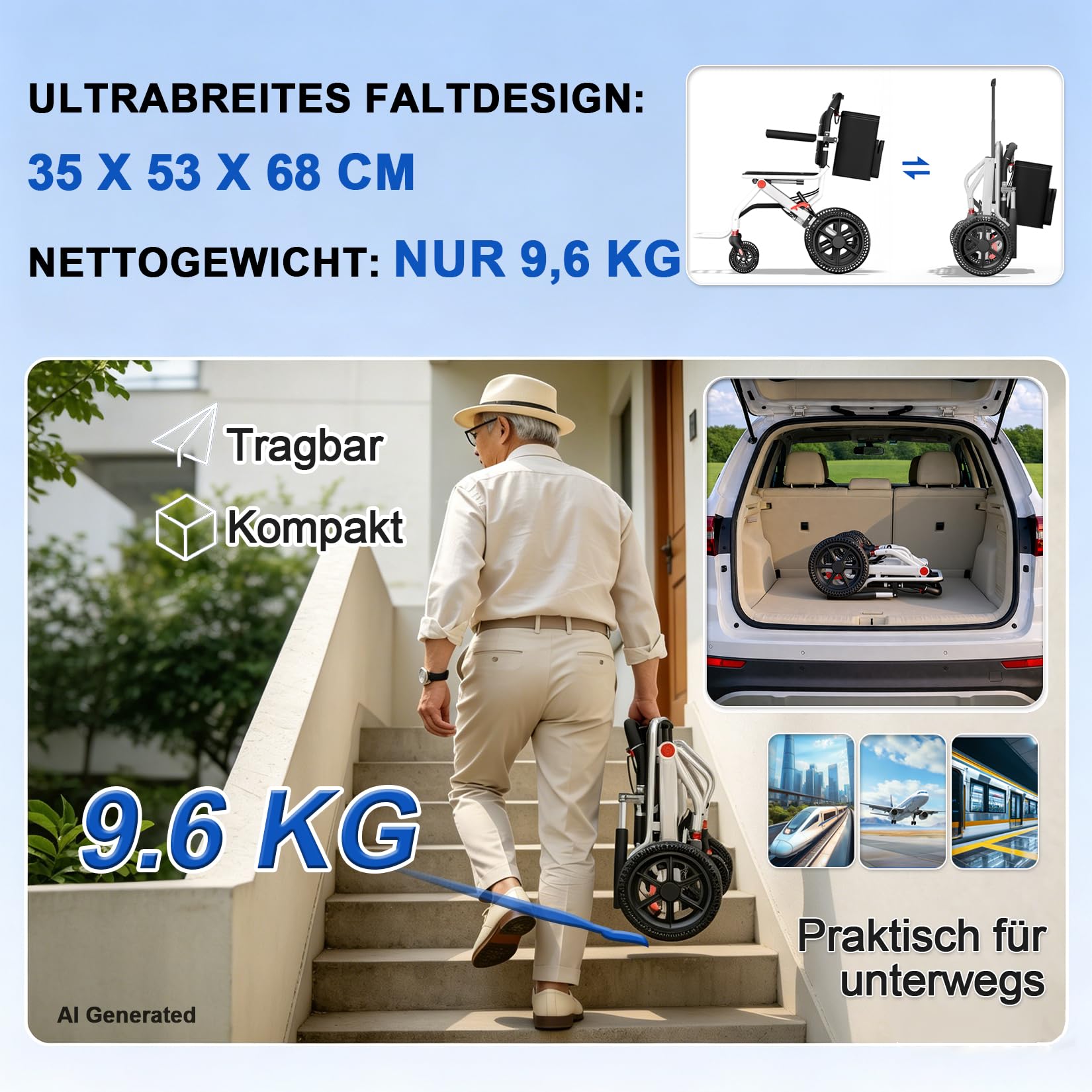 Leichtgewicht Rollstuhl Faltbar - Aluminium Reiserollstuhl bis 120kg | Medizinprodukt für Senioren. Mit Rucksack, 12 Zoll Wabenreifen und Trolley Funktion zum Ziehen. Perfekt für Auto Kofferraum.