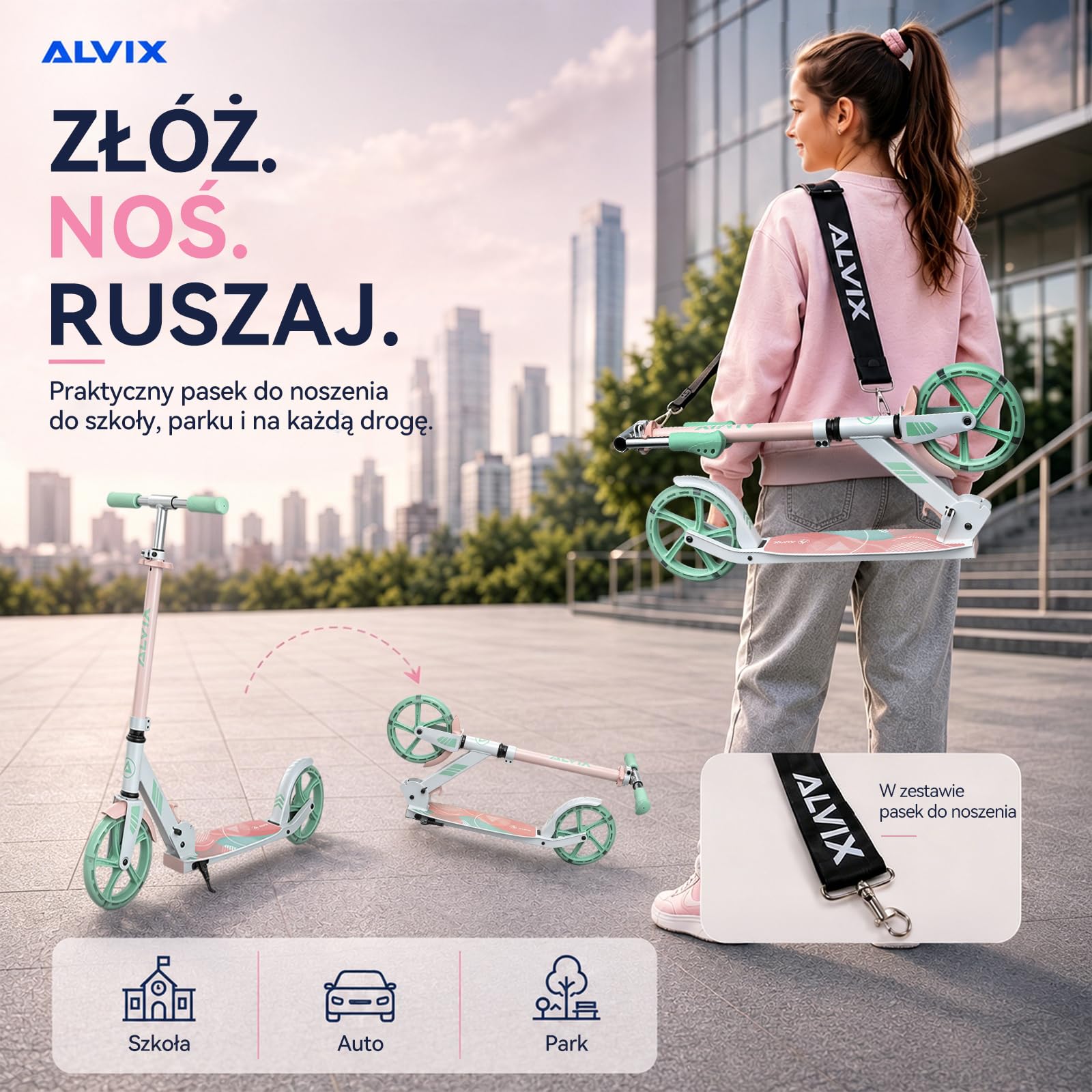 ALVIX Hulajnoga dziecięca z kołami LED, regulowana wysokość, kółka 200 mm, składany skuter z paskiem do noszenia, szeroki pokład do 100 kg