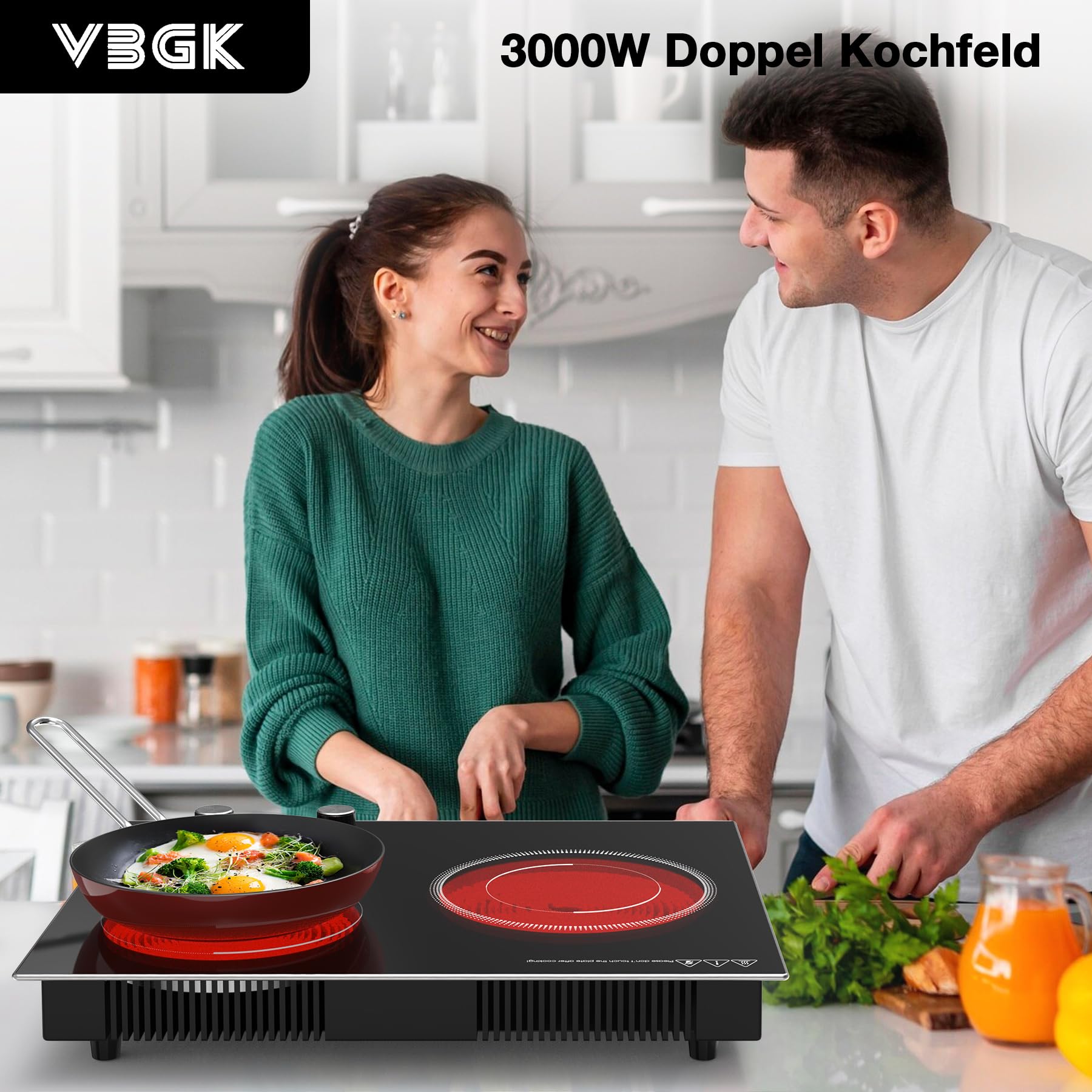 VBGK Cerankochfeld 2 Platten 3000 W Einbau Kochfeld mit 9 Heizstufen Timer Kindersicherung LED-Touch-Steuerung
