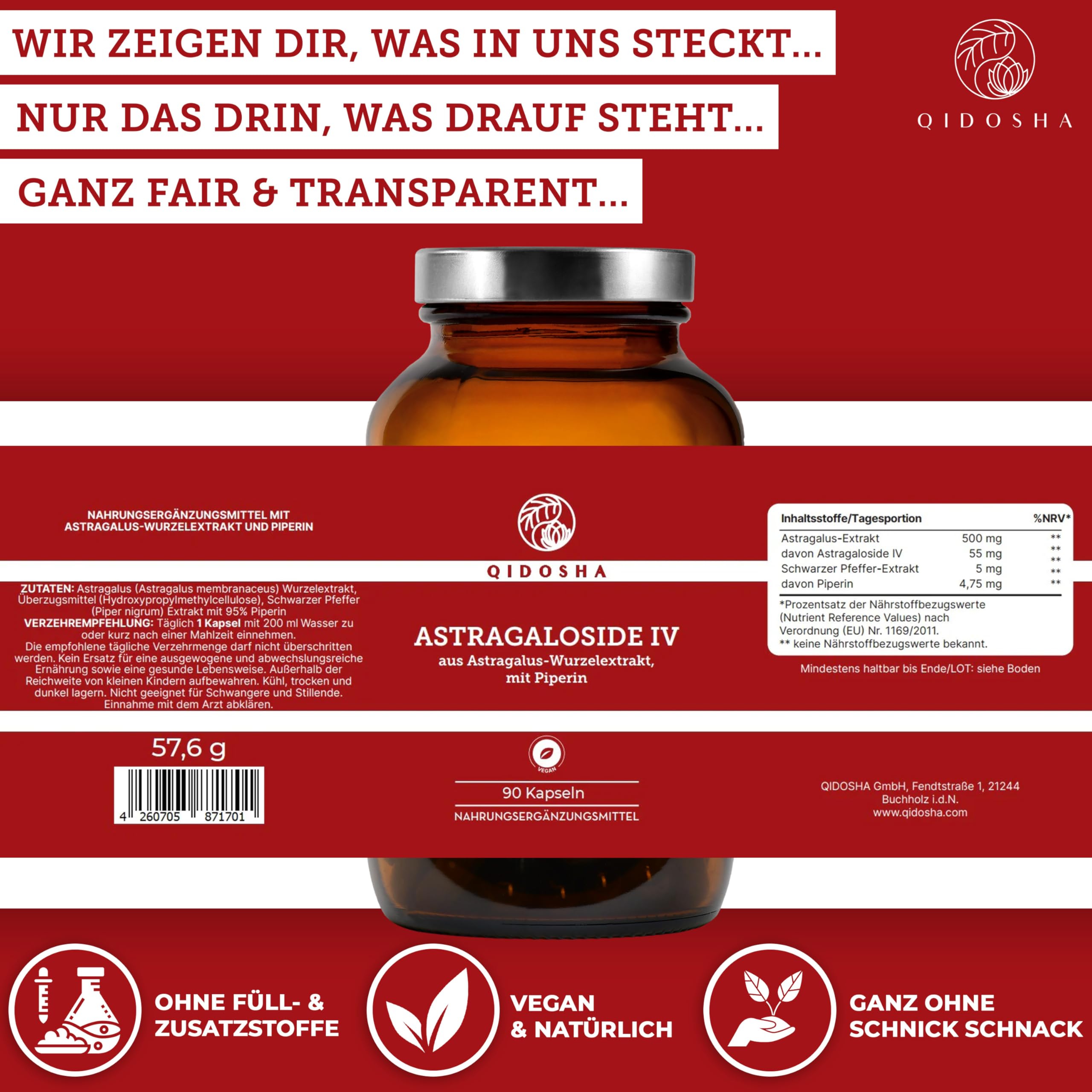 QIDOSHA® Astragaloside IV aus Astragalus-Wurzelextrakt plus Piperin, höchster Astragalosid IV Gehalt, 90 Kapseln im Apothekerglas, deutsche Fertigung, jede Charge laborgeprüft