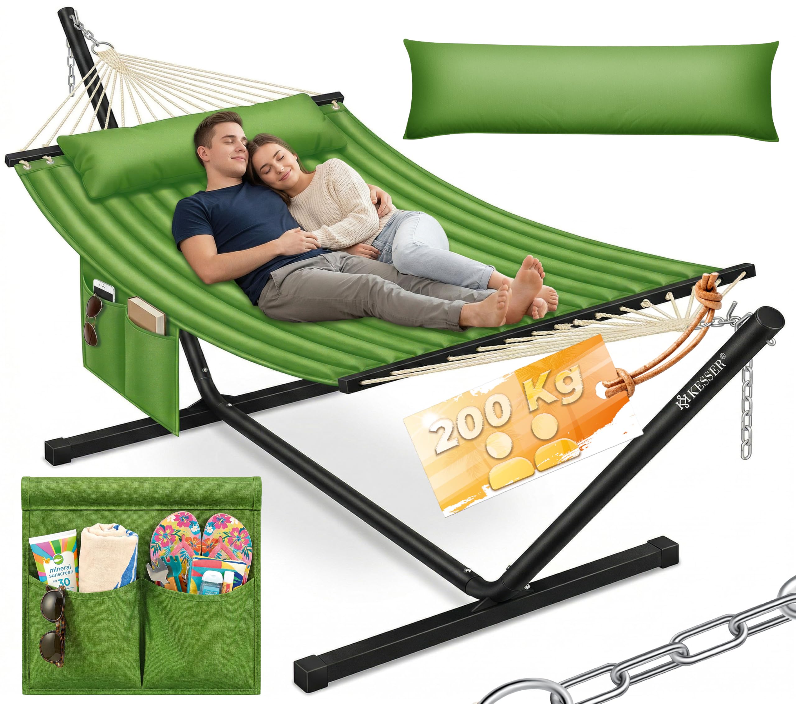 KESSER® Hängematte Hill mit Gestell Kissen Doppelhängematte für 2 Personen-Stabiler Rahmen 200kg Belastbarkeit Indoor & Outdoor XXL Hängesessel Doppel Mehrpersonen Garten Pool Balkon Terrasse, Khaki