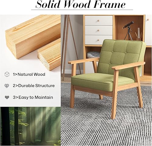 Miniatura 7 de KCC Mid-Century - Silla decorativa de tela de lino moderna, silla de ocio tapizada, cómoda silla auxiliar de lectura con reposabrazos y marco de