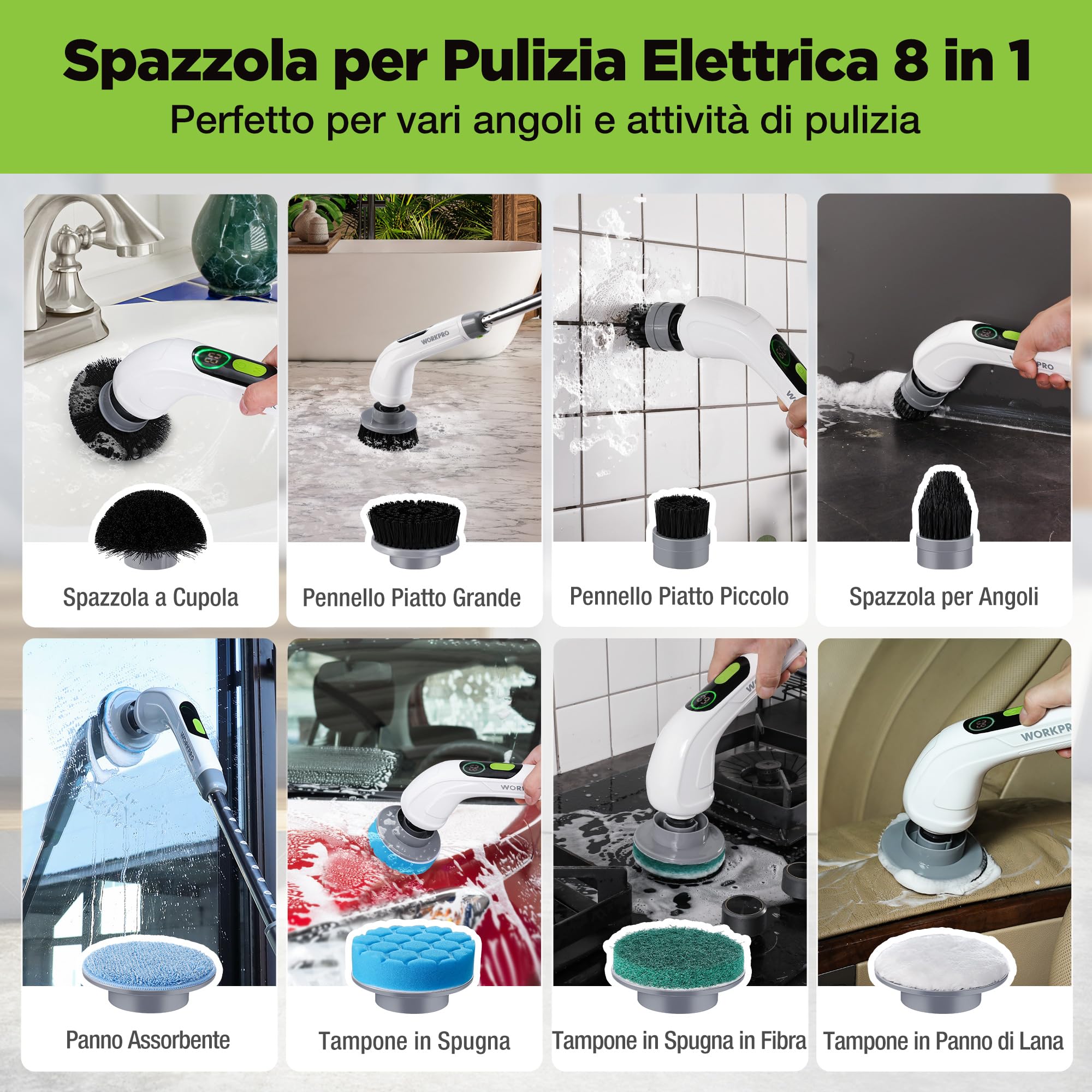 WORKPRO Spazzola elettrica Rotante per Pulizia con 8 Spazzole e 30-120cm Palo estensibile, Spazzola a Batteria con 3 velocità di regolazione per la pulizia di pavimenti, bagni, cucine e finestre | Ricaricabile, manico estensibile da 30 a 120 cm, 3 velocit