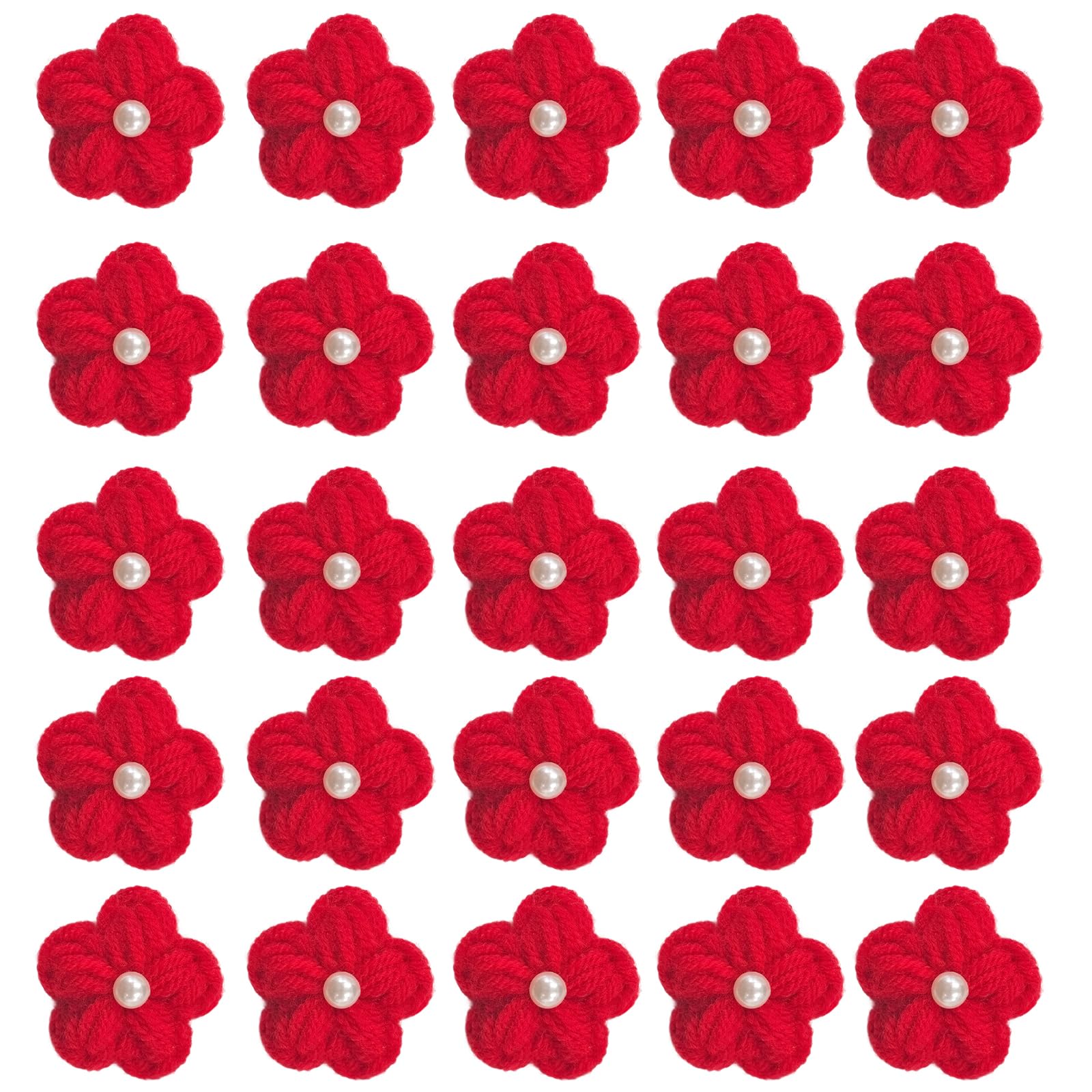 Jtnohx Knitted Flower Patches，Crochet Flowers Applique，25pcs Handmade Floral Sew on Patches，3cm DIY Appliques Embellishments with Pearl, Crochet Floral for Crafts,Sew Accessories(Red