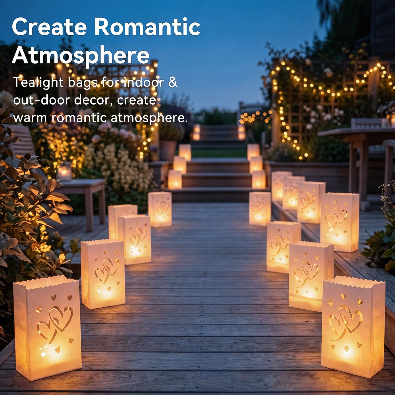 HERCHR 20 Pezzi Sacchetti Portacandele Luminari, Lanterne di Carta Resistenti alla Fiamma con Cuori, Lanternine a Tea Light per Matrimoni, Halloween, Ringraziamento