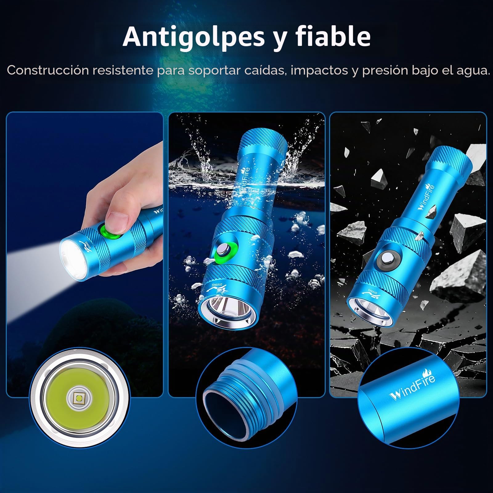 WINDFIRE Linternas de buceo, IPX8 impermeable profesional recargable luz de buceo, linterna submarinismo