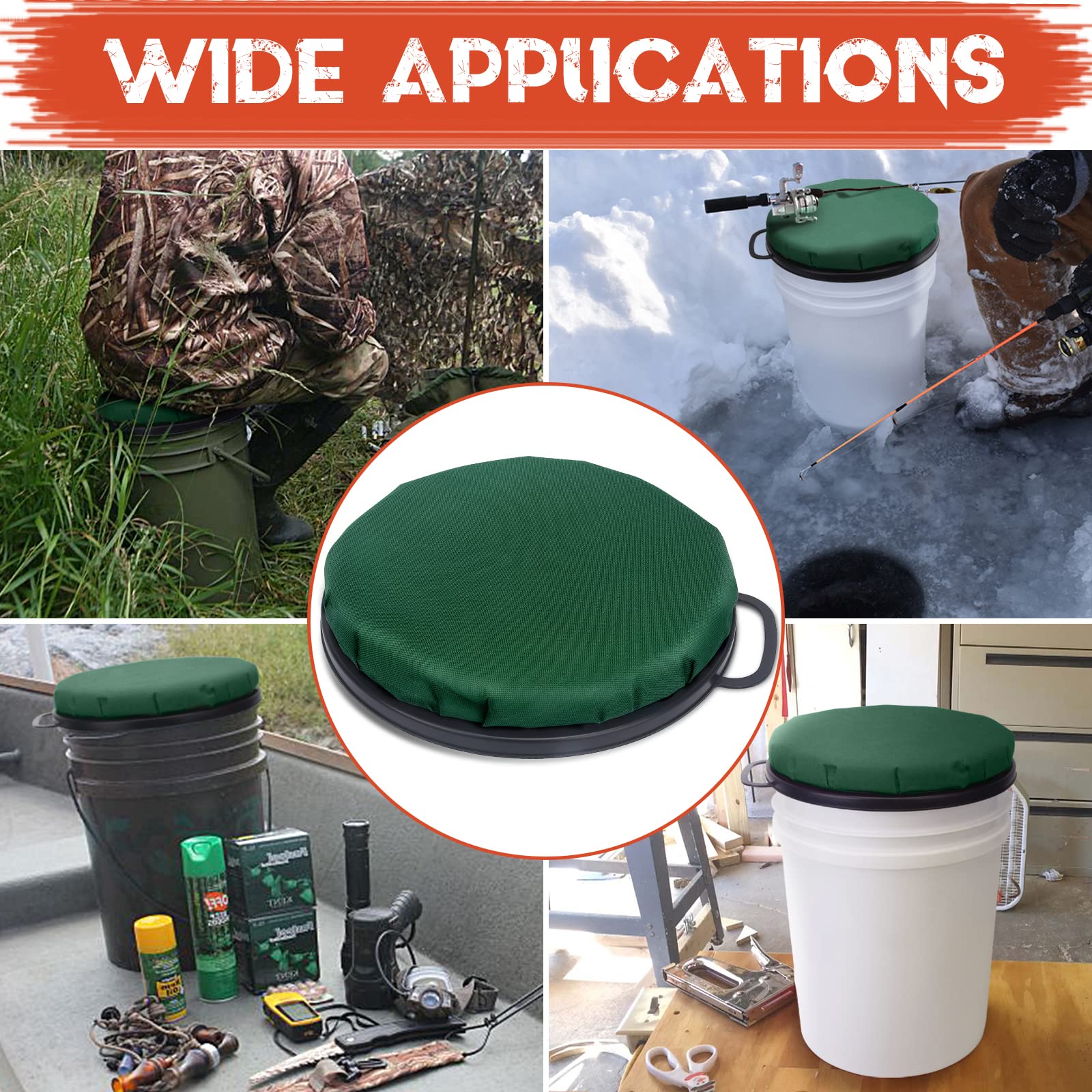 WarBull 360 Grad drehbarer Schalensitz, 5 Gallonen Eimerdeckelkissen, leiser Dreh-Schalensitz, bequem, mit wasserdichter Abdeckung, für Jagd, Angeln, Gartenarbeit und Camping, Grün