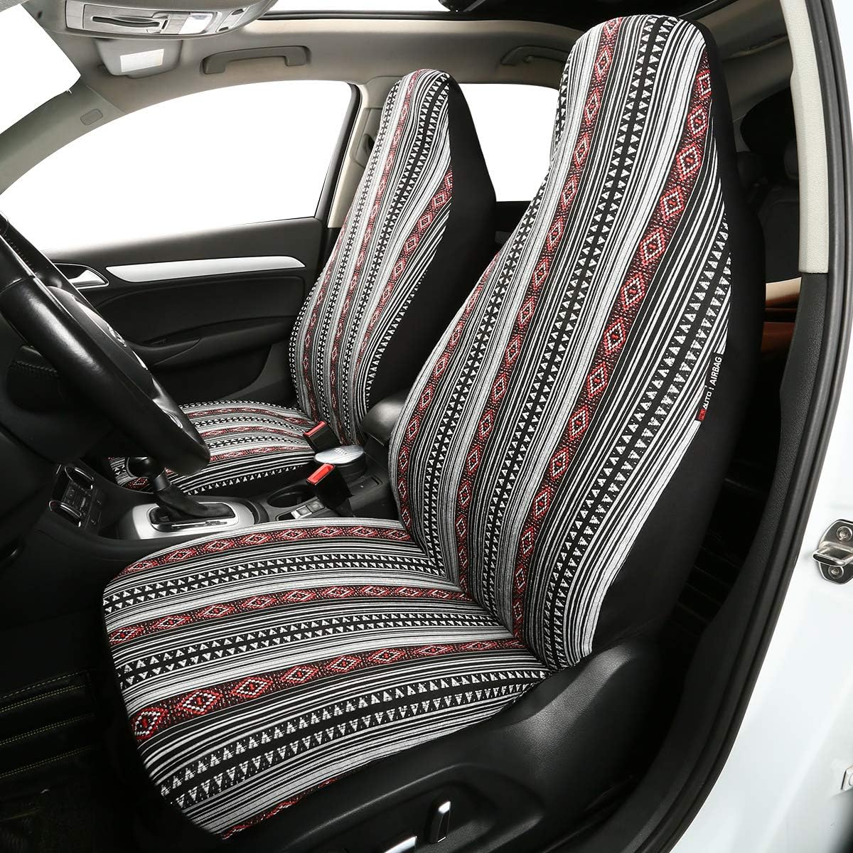 P&J Baja Blanket High Back Car Seat Covers Strips Boho Designs Integrated Bucket Universal Size Fit for Most Cars SUVs Trucks Vans Woven and Comfortable Fabric Full Set Pack 8pcs Black and Red Color