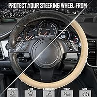Vista 8 de CAR PASS Funda para volante de cuero beige con diamantes brillantes, cristales blancos brillantes con purpurina y pedrería, ajuste universal de 14