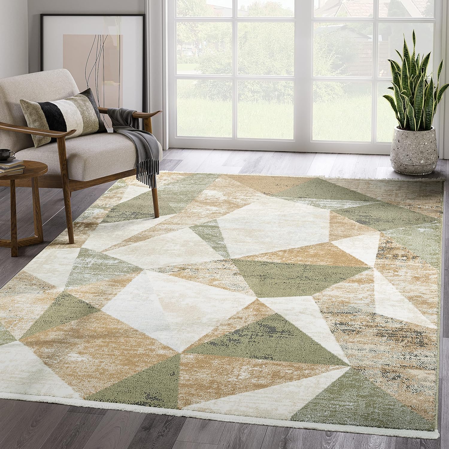 Abani Savoy Collection Area Rug - Green and Cream Geometric Design - 9'x12' -Easy to Clean - Durable for Kids and Pets - Non-Shedding - Medium Pile -