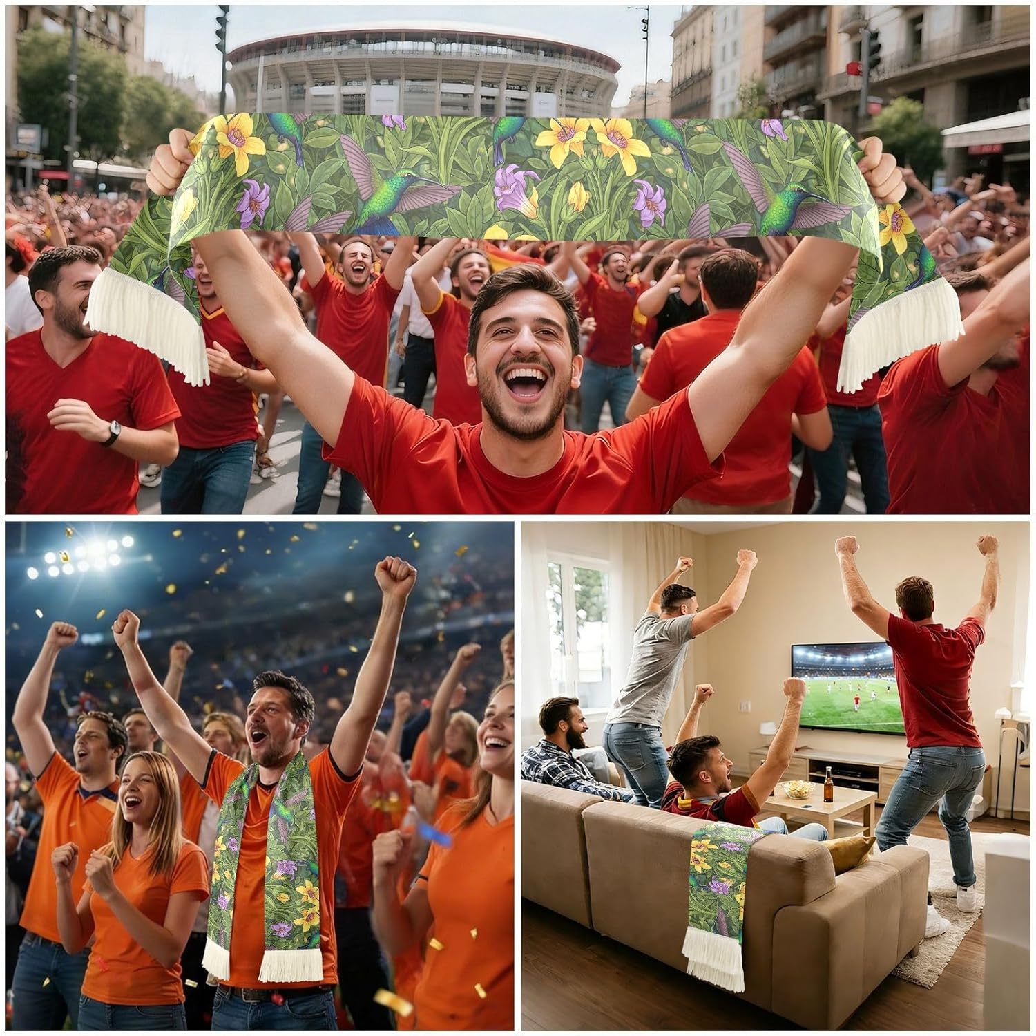 CHIFIGNO Colorful Flowers Birds Green Sports Fan Scarf Towel, Soft Polyester Sweat Wipe Cheering Scarf for Soccer Games, Quick Dry with Fringe Ends