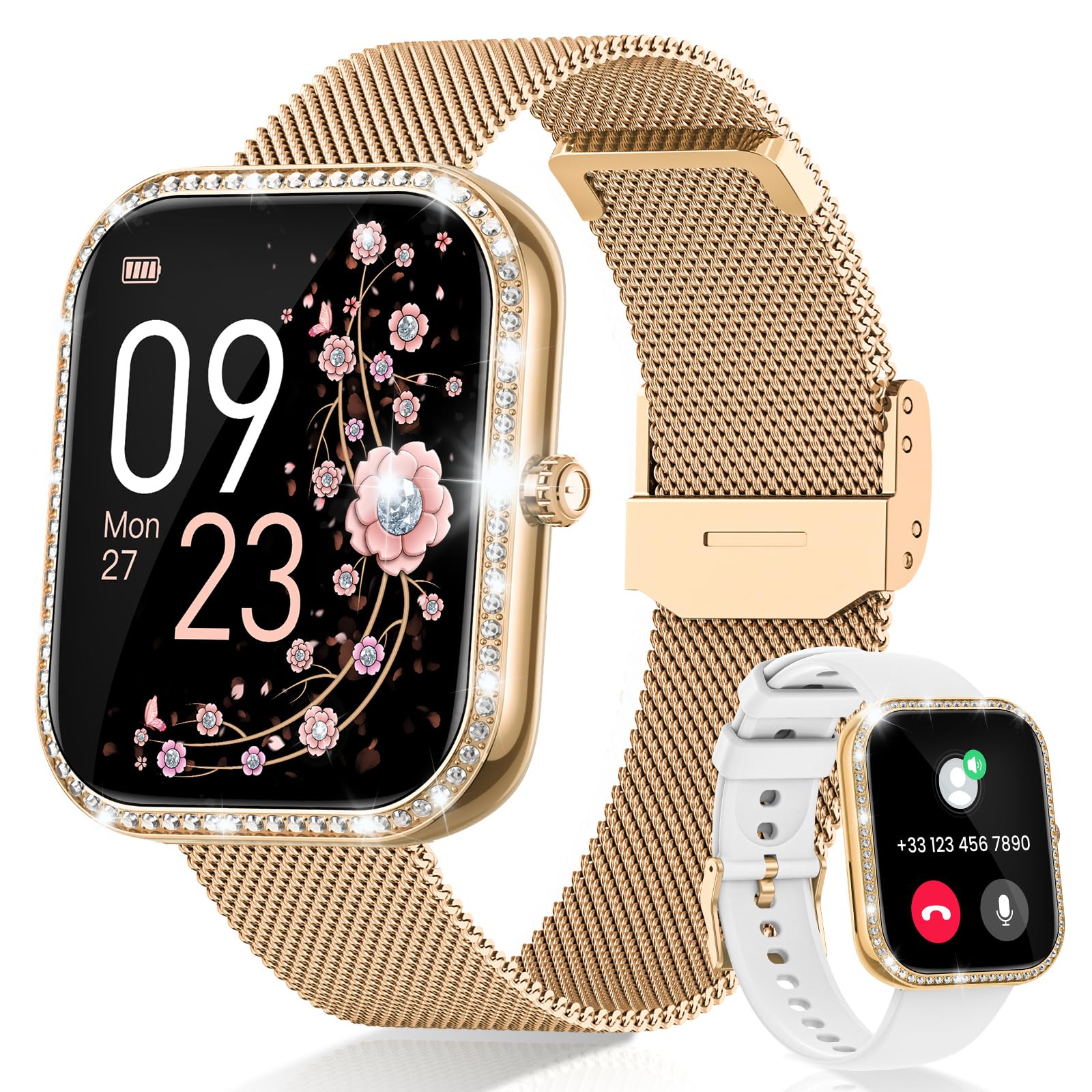 BANLVS Smartwatch Donna con Chiamate, 1,75” Orologio Fitness con 270 Quadranti, 130 Sport, Smart Watch Fisiologia Femminile SpO2 Cardiofrequenzimetro Sonno Calorie Android iOS Oro Regalo Natale Donna
