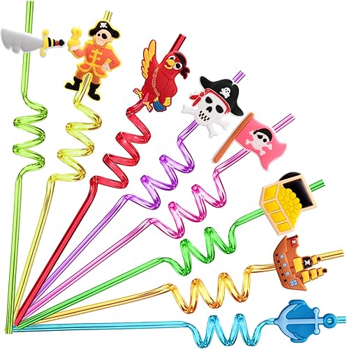 Miniatura 1 de 24 pajitas de plástico reutilizables para fiestas de cumpleaños con temática pirata, decoraciones con 2 cepillos de limpieza