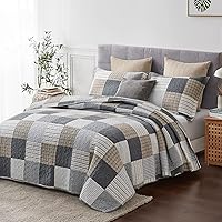 Vista 2 de Edredón de tamaño King, 100% algodón, edredón de tamaño King, color gris marrón, de retazos, ligero, reversible, para todas las estaciones, 3 piezas