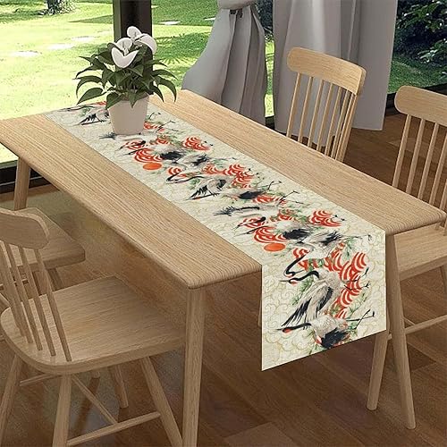 Miniatura 2 de Camino de mesa japonés, retro, tradicional, vintage, grúa, nubes, asiático, oriental, ondas, plantas, naturaleza, camino de mesa para el hogar,