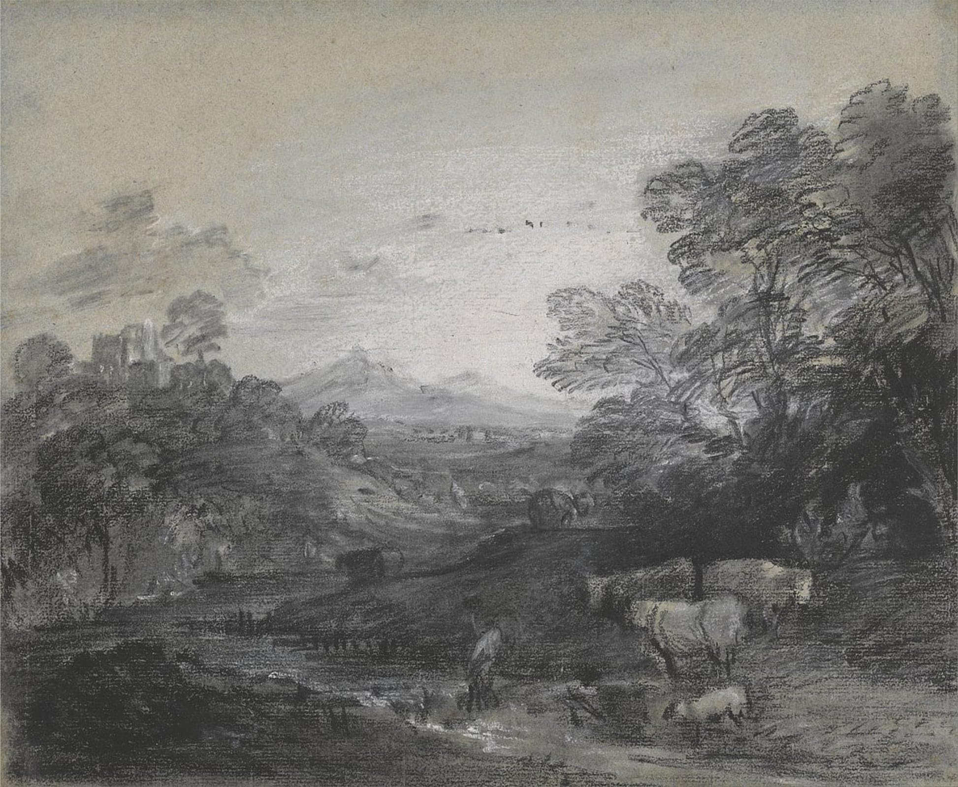 ARTXLXXBN Famous Print Painting Colorful Art Print Wooded Landscape with Herdsmen and Cattle Buildings on a Hill and Rustic Lovers by Gainsborough Canvas Art Decorations for Home Decor 60x90cm