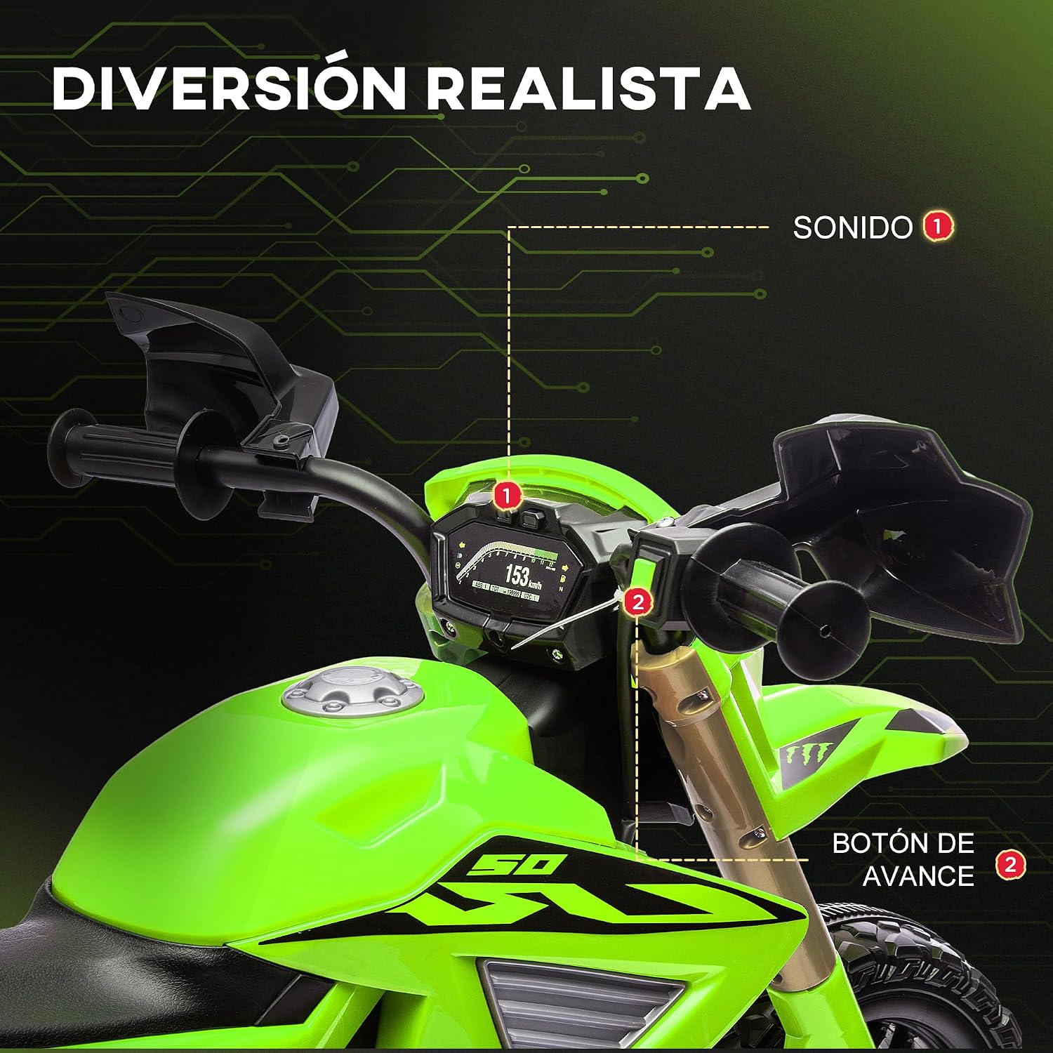 Diagram showing the location of the sound feature and the forward button on the electric bike's handlebars.