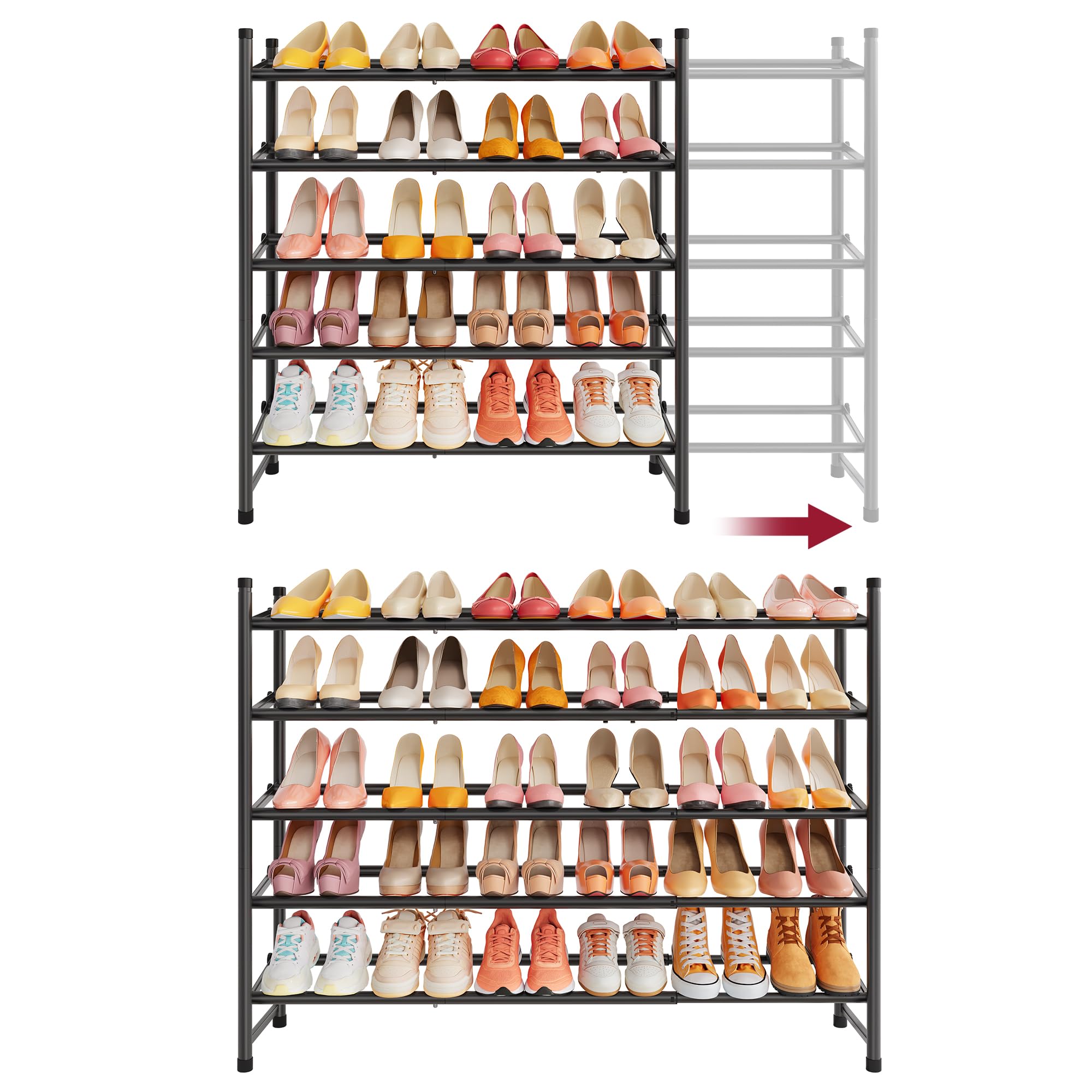 Tajsoon Expandable Shoe Rack for Closet 5 Tier, 71-105 cm Stackable, Black — image 1