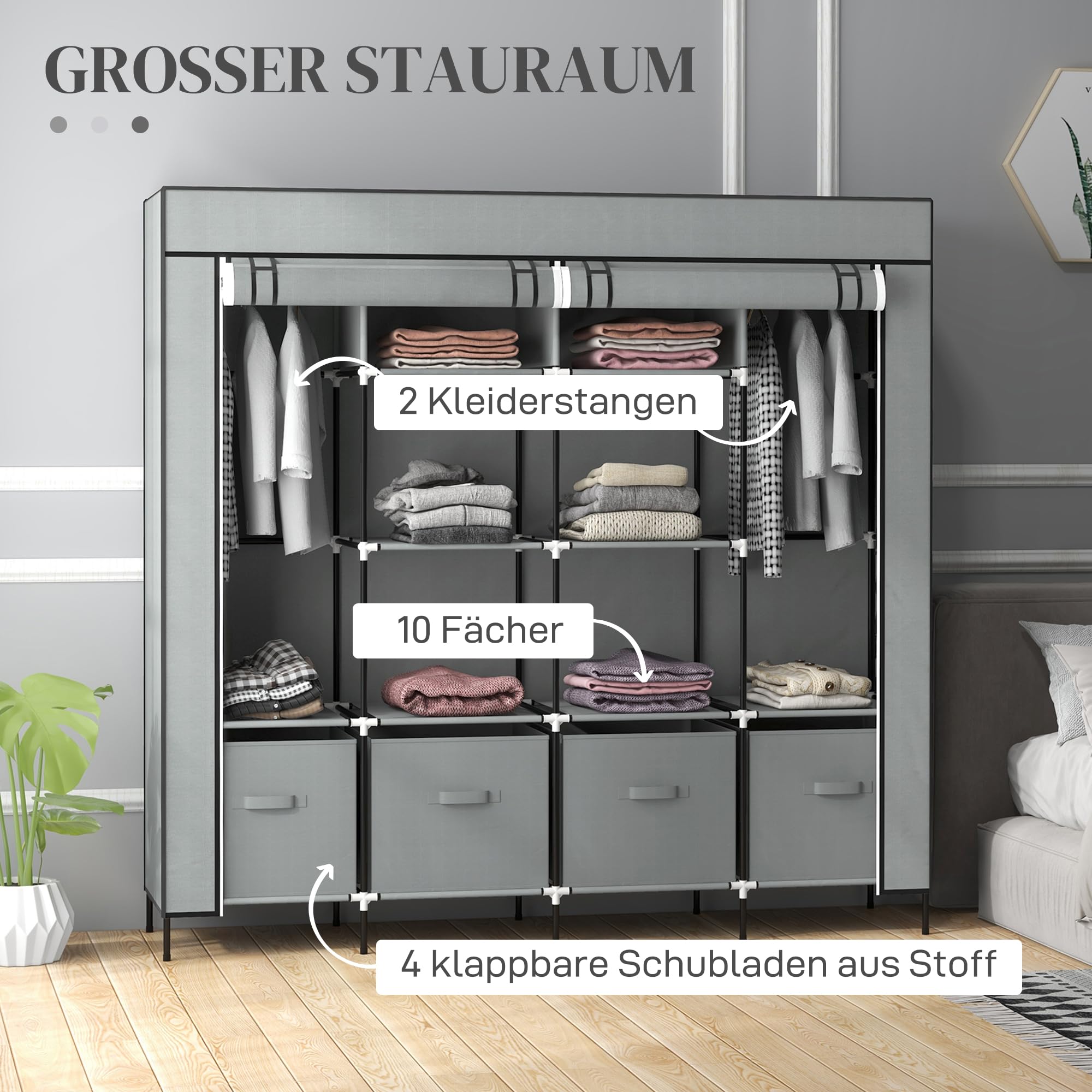 HOMCOM Kleiderschrank Stoffschrank mit Kleiderstange, Ablagen, Reißverschluss Stoffkleiderschrank Faltschrank für Ankleidezimmer Schlafzimmer, 166 x 42,5 x 169,5 cm Dunkelgrau