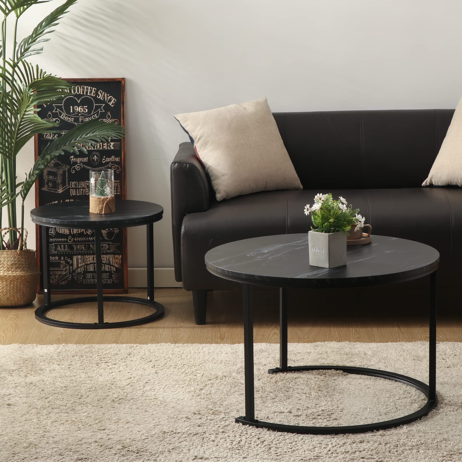 BIGTREE Tavolino rotondo, set da 2 pezzi, tavolino da salotto in legno, moderno, tavolino con struttura in metallo, per soggiorno, balcone, ufficio (Nero)