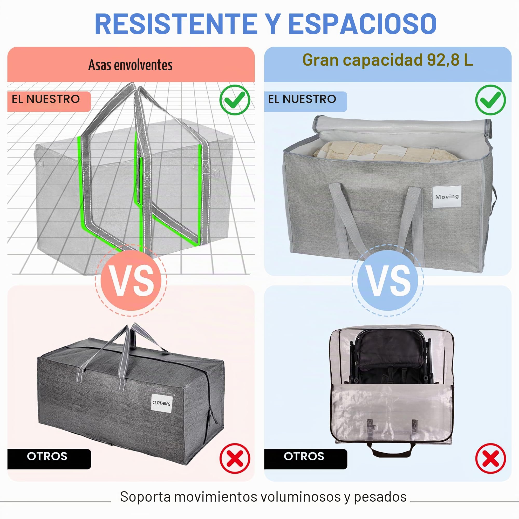 4 unidades de bolsas de almacenamiento grandes de 90 litros con tapa, cajas de mudanza plegables grandes con cremalleras, asas, bolsas de mudanza para guardar ropa, para mudanzas
