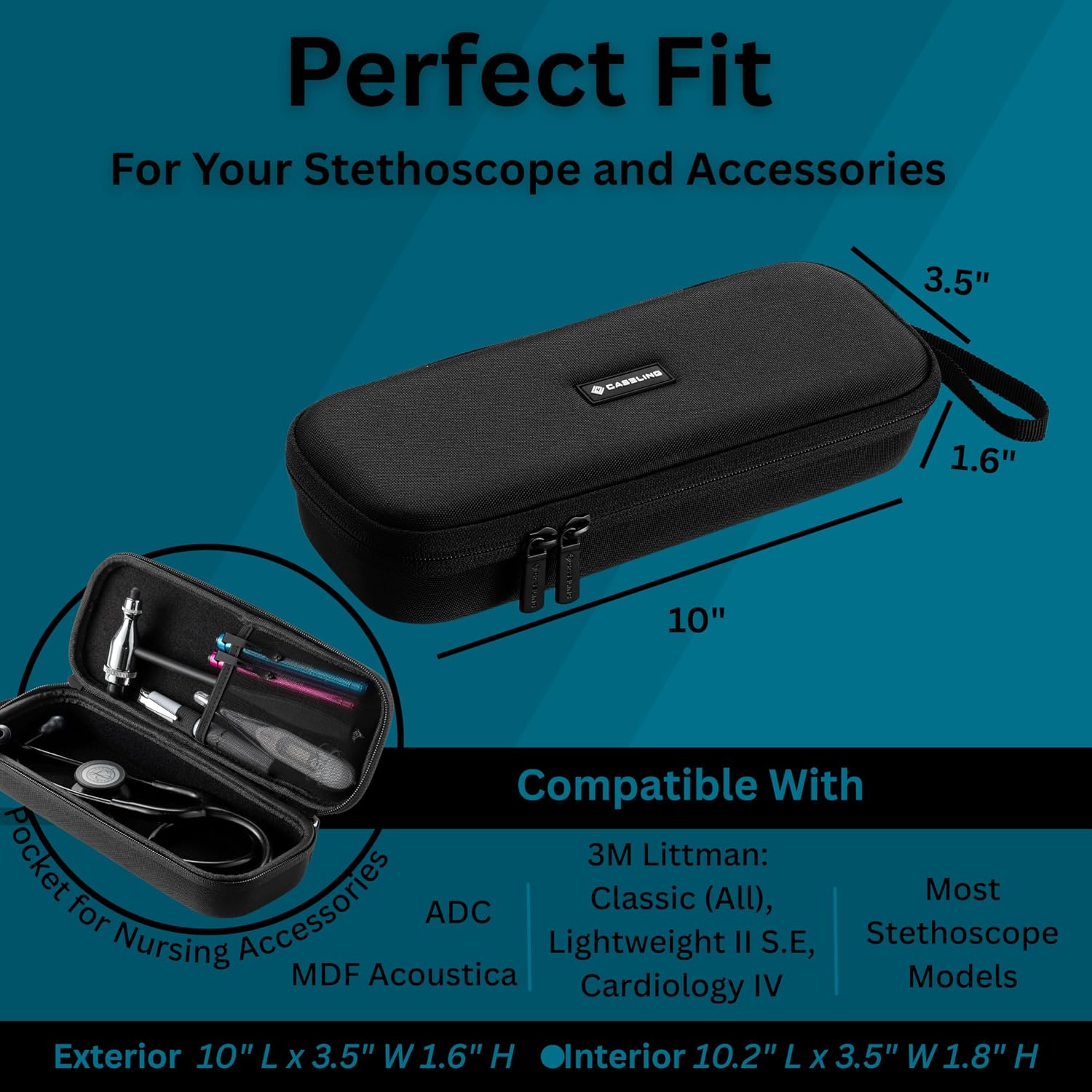 caseling Hard Stethoscope Case for Littmann Classic III & Cardiology IV | Fits Littmann Classic III & Cardiology IV, rigid protective EVA shell, internal accessory mesh pocket, smooth zipper