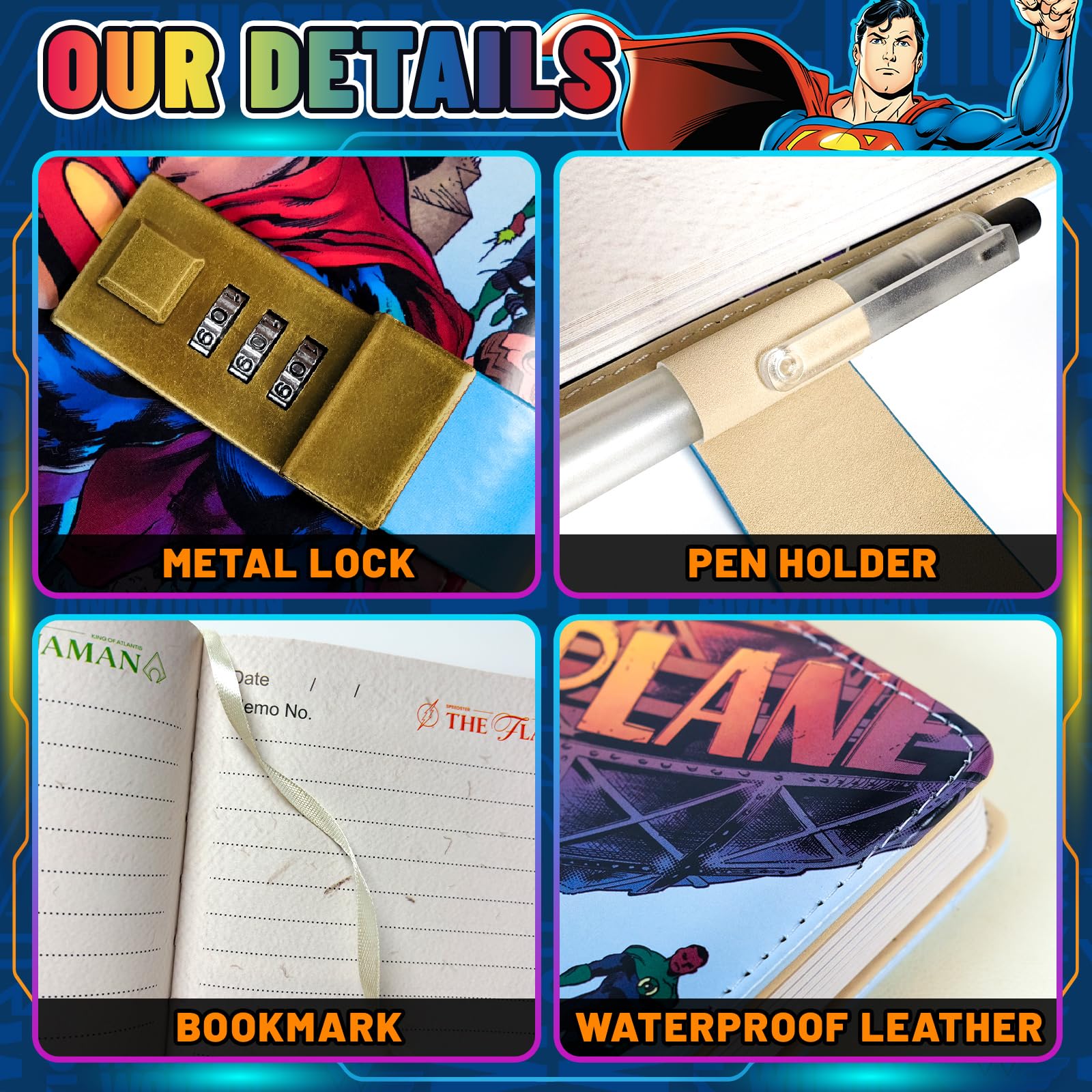Superhelden-Tagebuch mit Schloss, Comic-inspiriertes PU-Leder-Notizbuch, Tagebuch mit Schloss, 228 Seiten, gesperrter Tagebuch, Planer, Organizer für Jungen, Mädchen, Teenager, Fans, Schule oder