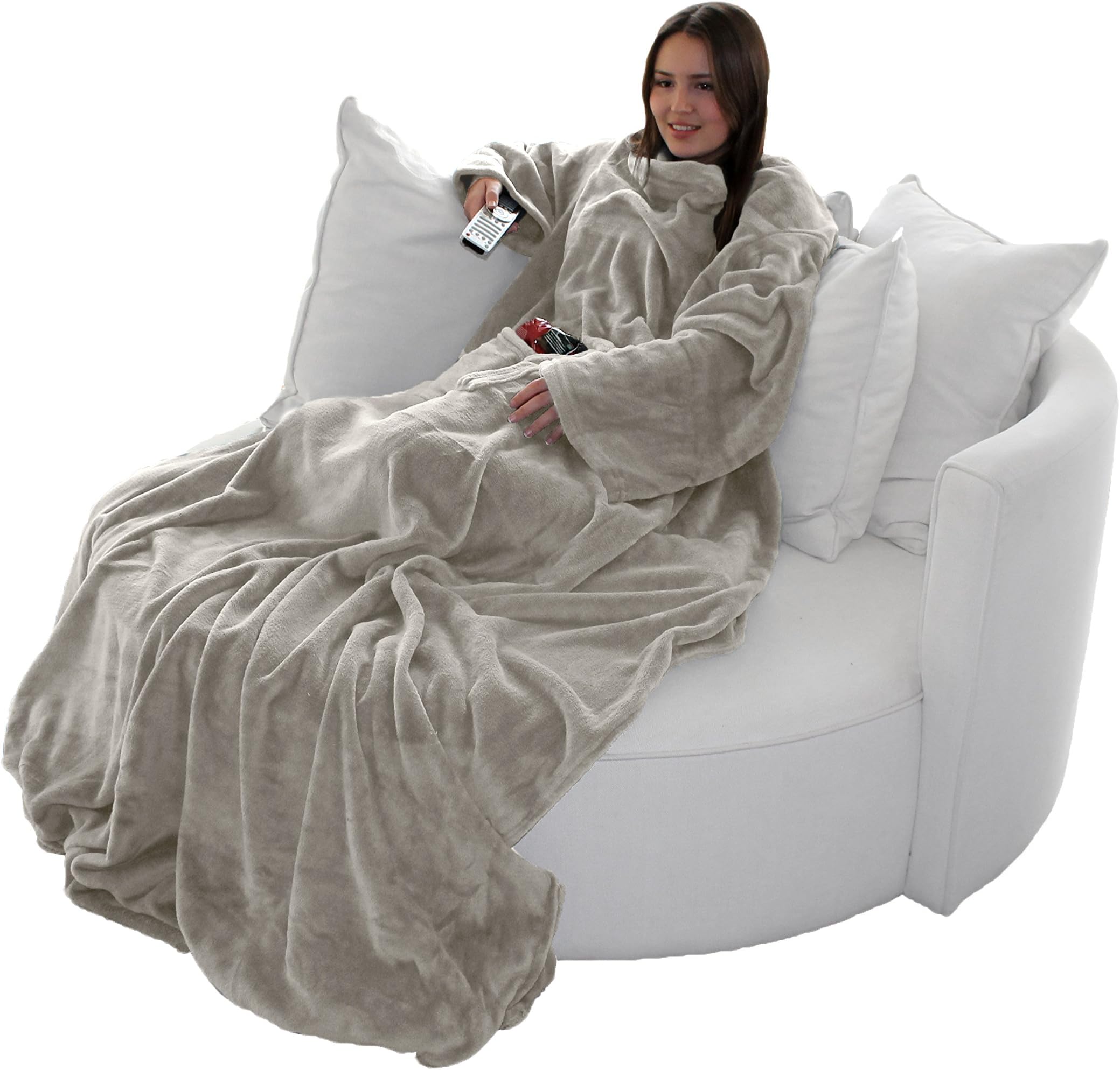 BrandssellerWearable Snuggle Blanket Adult with Sleeves and Pockets approx. 67" x 79" - Taupe/Grey