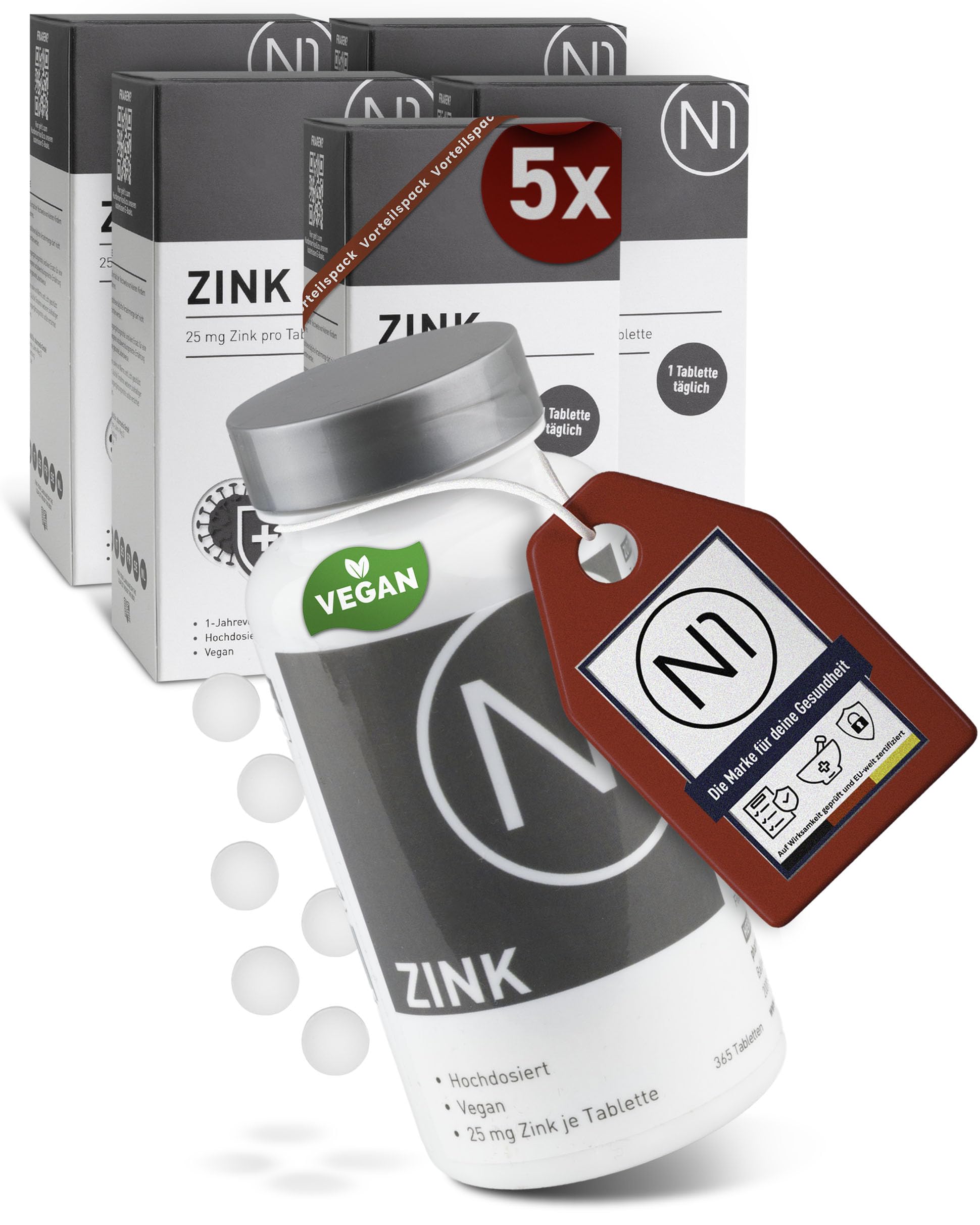 N1 Zink Tabletten 25mg - 5x 365 St. Jahresvorrat - Vegan - nur 1x täglich - Zink Hochdosiert für das Immunsystem - Zinc mit bester Bioverfügbarkeit