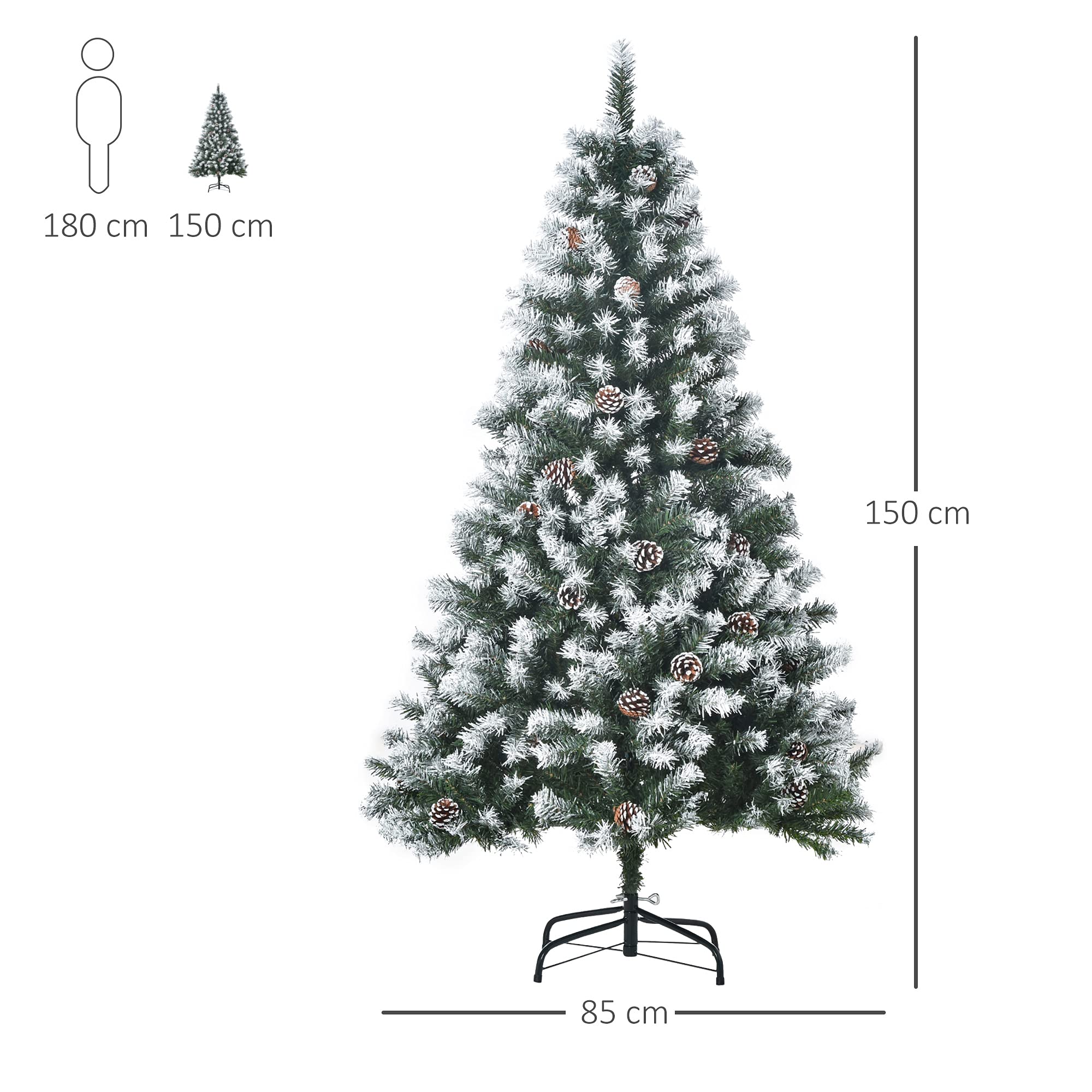 HOMCOM Árbol de Navidad Artificial 150 cm con Nieve con 676 Ramas 41 Piñas Hojas de Plástico Apertura Automática Base de Soporte Metálica y Plegable Decoración Navideña para Interiores Verde