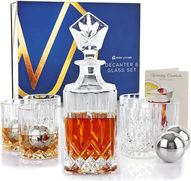 Nou Living 11 Pc Crystal Whiskey Decanter Set with Glasses  Elegant Whiskey Decanter and Glass Set of 6  Crystal Liquor Decanter Set for Men  Whiskey Glass Set with Decanter for Whiskey or Bourbon