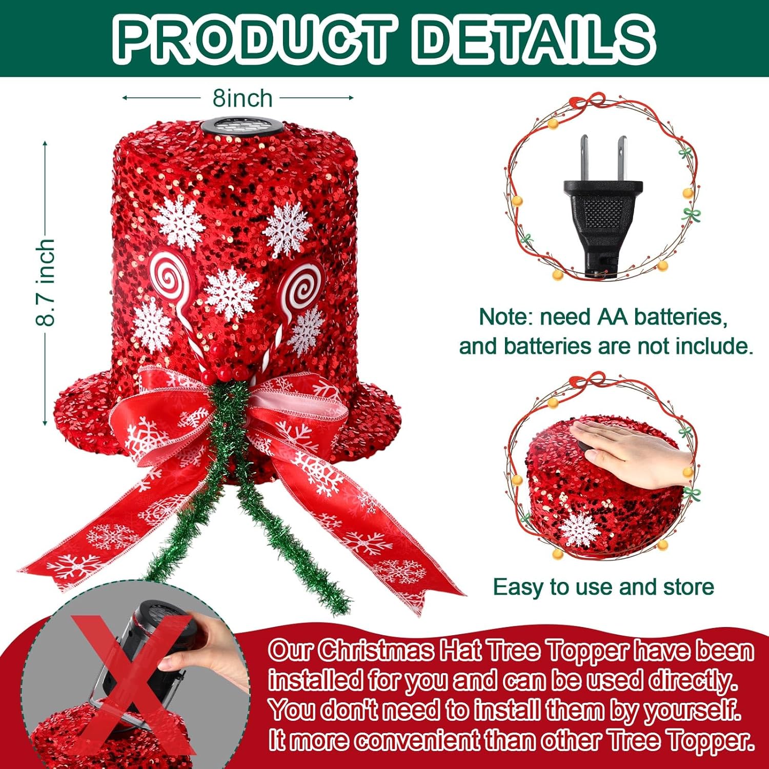 Rossesay Christmas Tree Topper Hat with Winter Snowflake Projector Lights Shiny Sequins Hat with Red Snowflake Bow Tree Topper for Xmas Winter Holiday New Year Indoor Office Tree Decoration