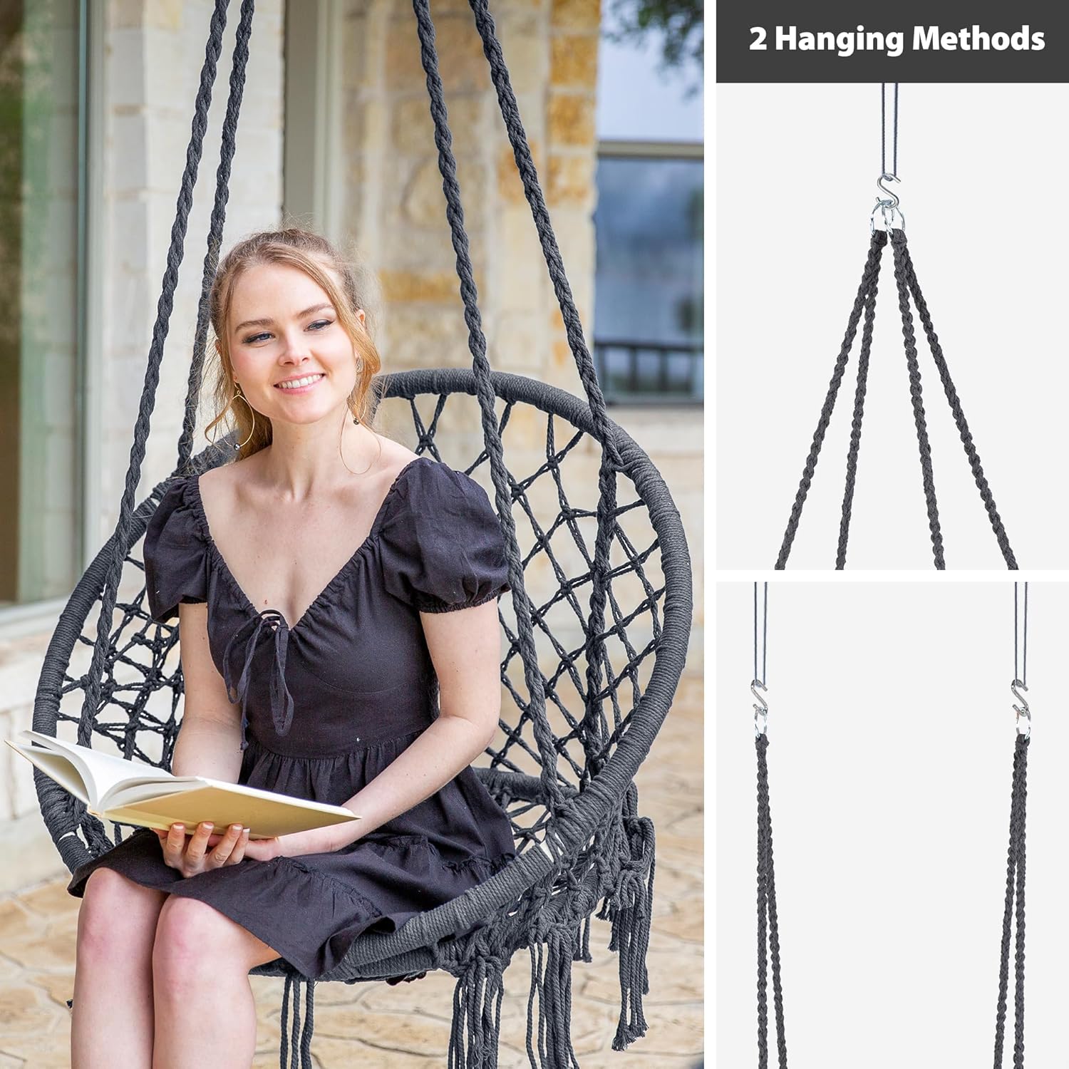 SUNCREAT Hammock Chair Hanging Macrame Swing with Hardware Kits, Max 330 Lbs, Handmade Knitted Mesh Rope Swing Chair for Indoor, Outdoor, Bedroom, Patio, Yard, Deck, Garden, Grey - Image 7