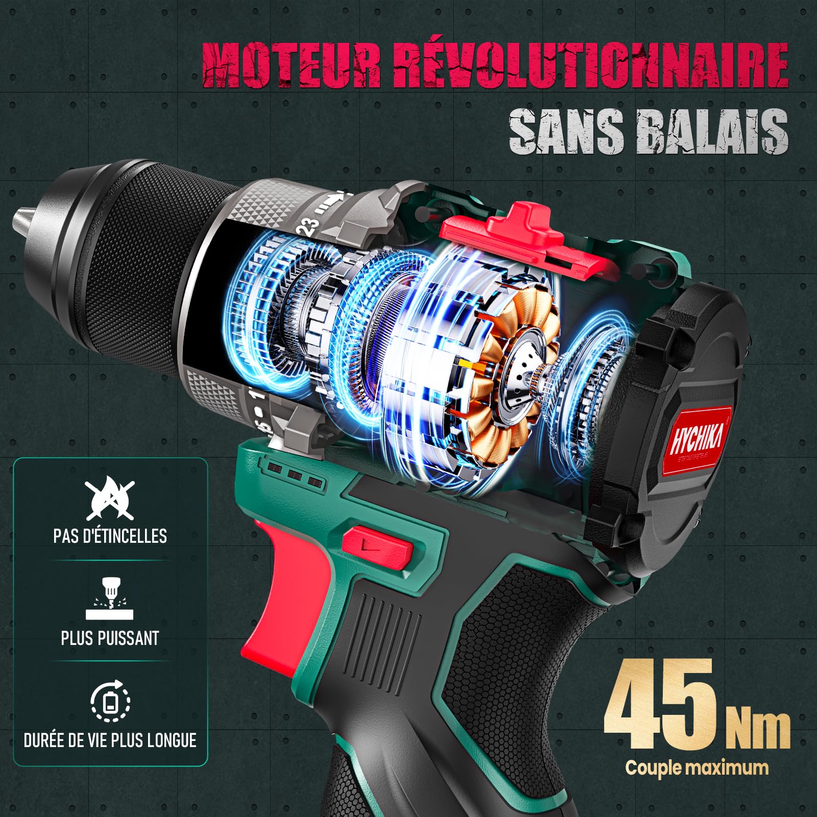 HYCHIKA Perceuse Visseuse sans Fil, 45Nm Max, 23+1 Niveaux de Couple, 2 Vitesses, 1500mAh, 53 Accessoires, pour Travaux de Bricolage Maison et Jardin