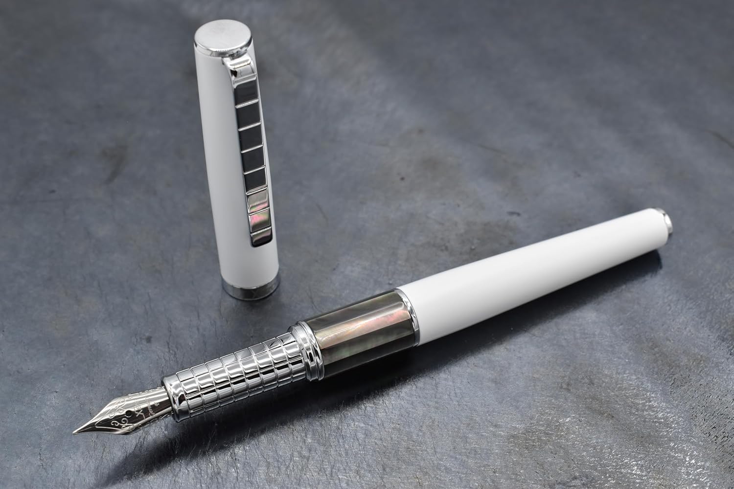 Xezo Speed Master Fountain Pen, Fine Nib. Matte White Color with Tahitian Black Mother of Pearl. Chrome Plated. Lightweight Brass Body. No Two Alike. Etched With a Serial Number