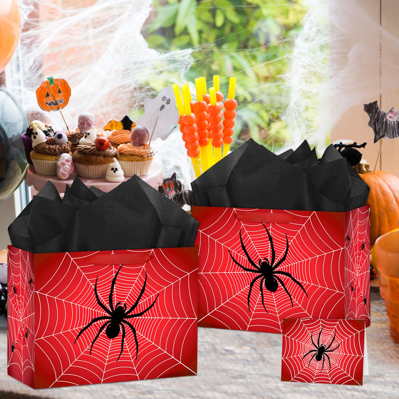 Abilat Large Spider Gift Bag with Tissue Paper and Greeting Card Red Spider Web Birthday Party Favor Wrapping Bag for Boys Men Valentine Halloween Party Decorations