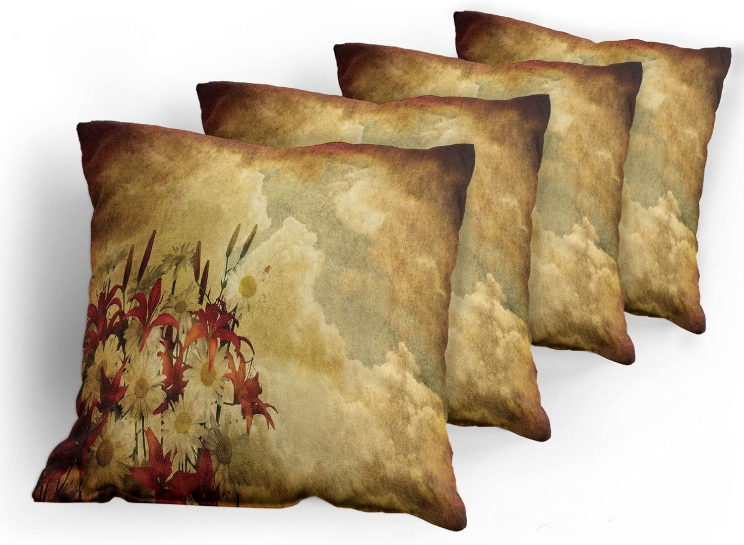 Ambesonne Burnt Orange Decorative Throw Pillow Case Pack of 4, Double Exposure Burnt Worn Shaggy Retro Background with Flowers Clouds Design, Cushion Cover for Couch Living Room Car, 20", Orange Tan