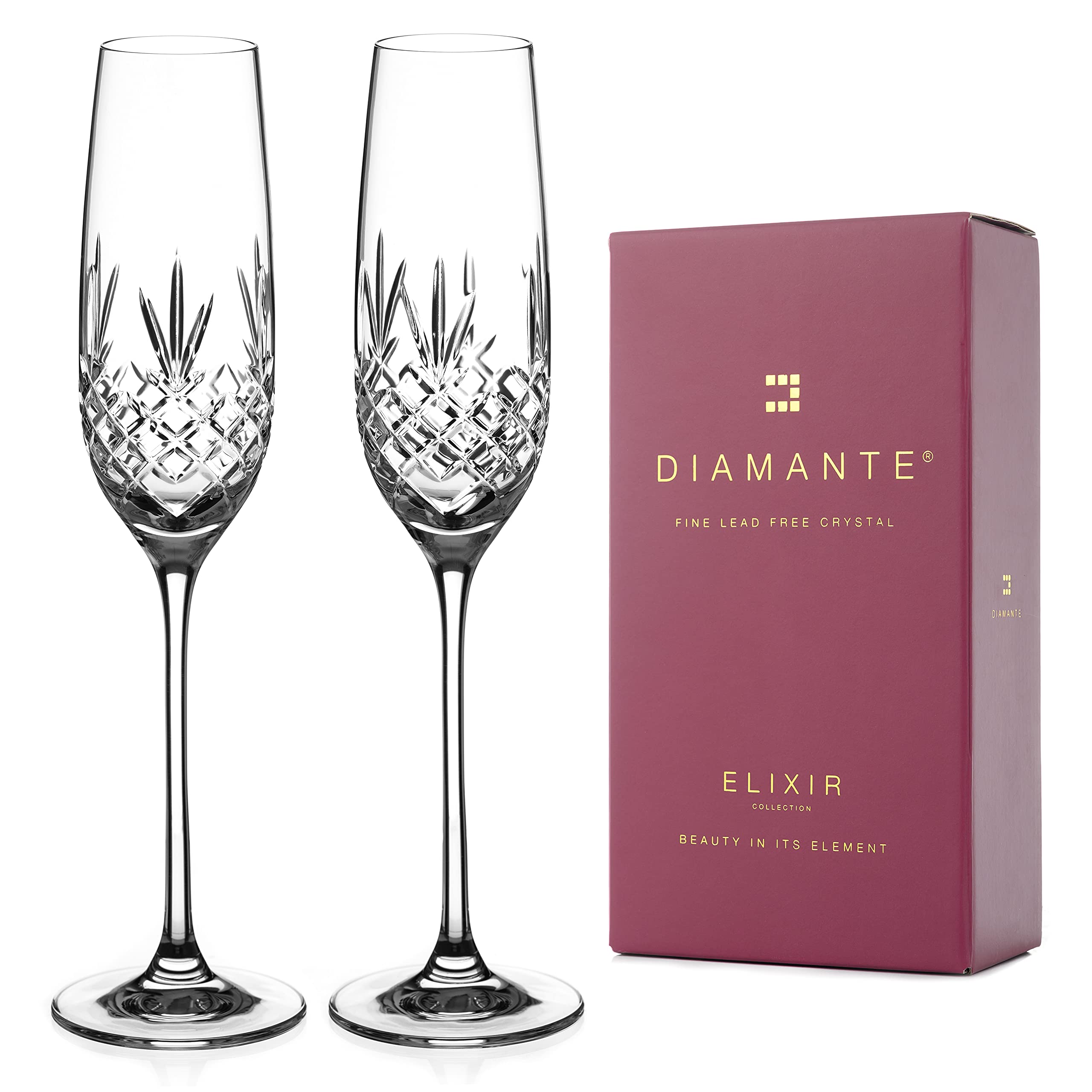 DIAMANTE Lot de 2 flûtes à champagne en cristal « Buckingham » traditionnelles coupées à la main