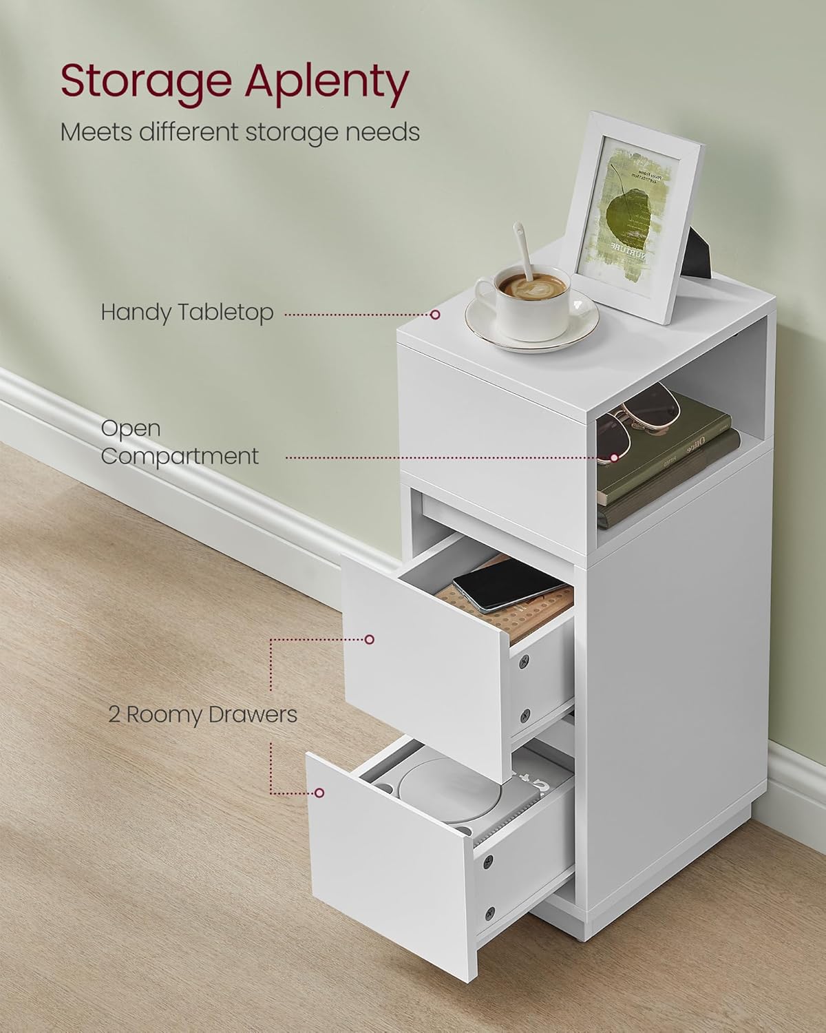 Image illustrating the storage capabilities of the nightstand, including the tabletop, open compartment, and two drawers.