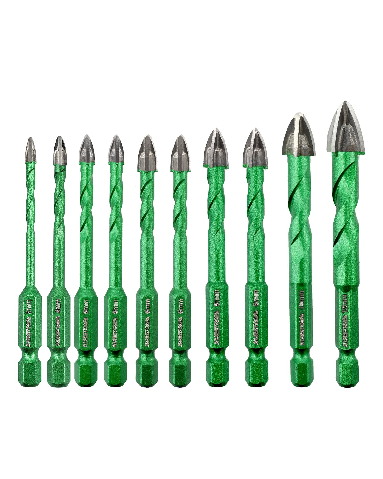 10 Stück Fliesenbohrer-Set - KURSTOL Hartmetall GlasBohrer Steinbohrer Set | 3/4/5 * 2/6 * 2/8 * 2/10/12mm, für Holz, Kunststoff, Mauerwerk, Ziegel, Glas, Fliesen, Marmor